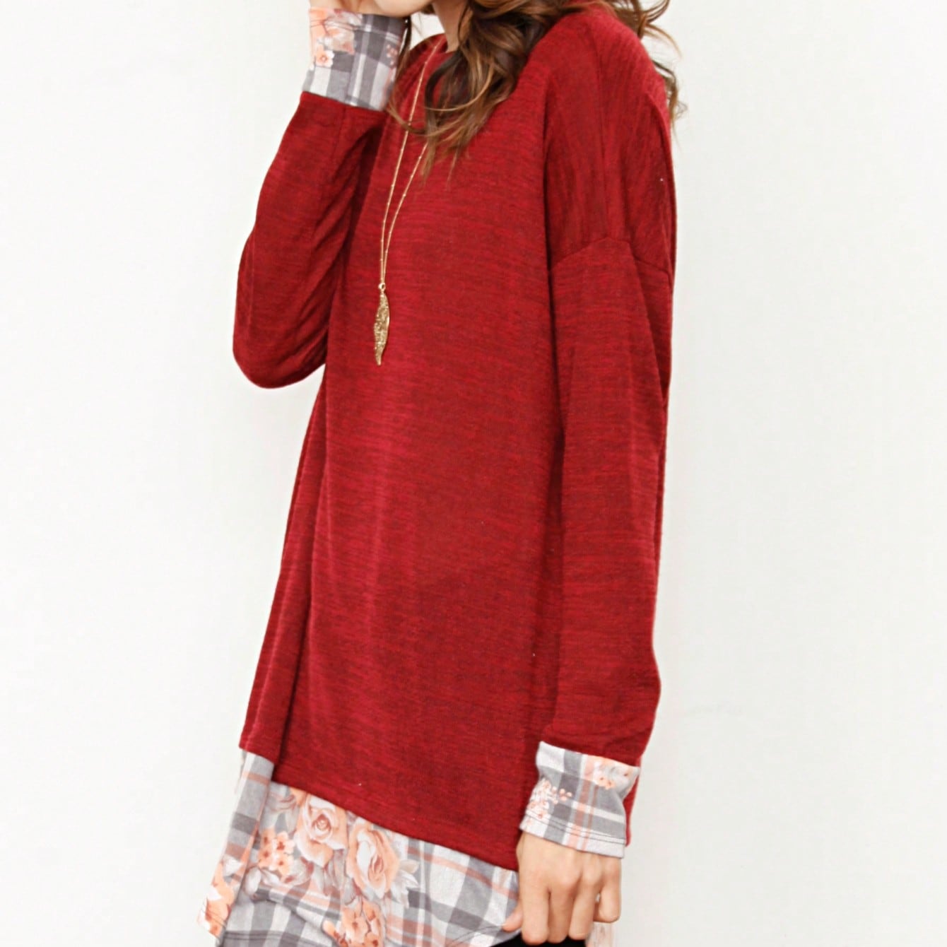 Boho Layered Floral Medallion plaid Crew Neck Cute, Small To Plus Extended Size