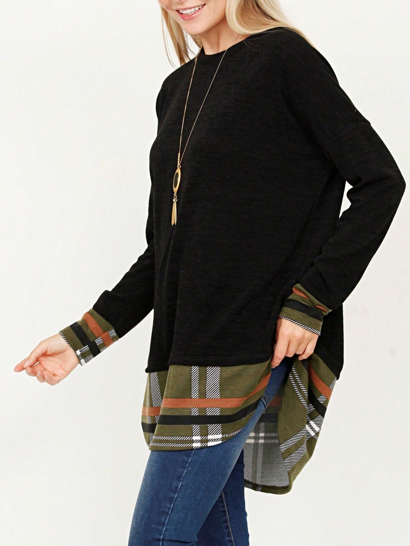 Boho Layered Floral Medallion plaid Crew Neck Cute, Small To Plus Extended Size