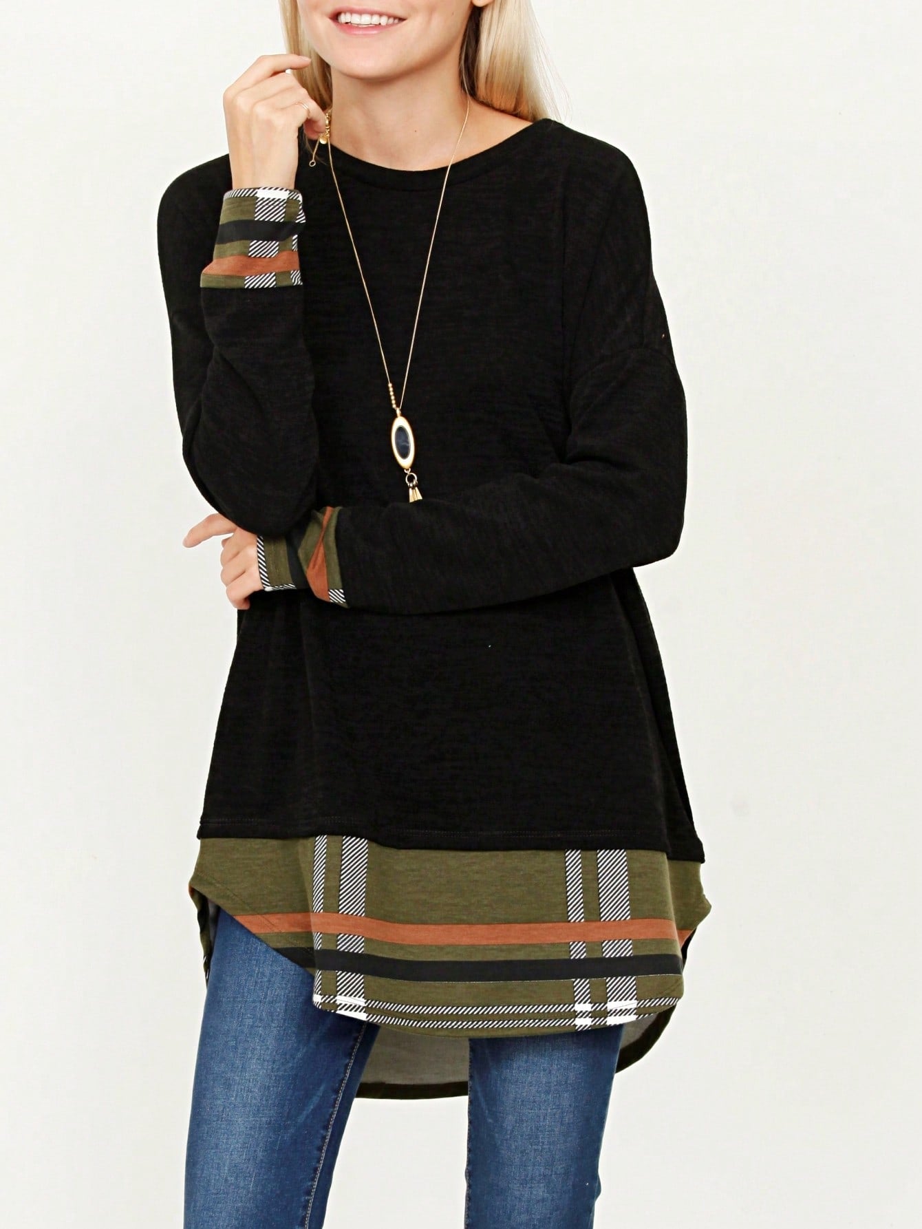 Boho Layered Floral Medallion plaid Crew Neck Cute, Small To Plus Extended Size