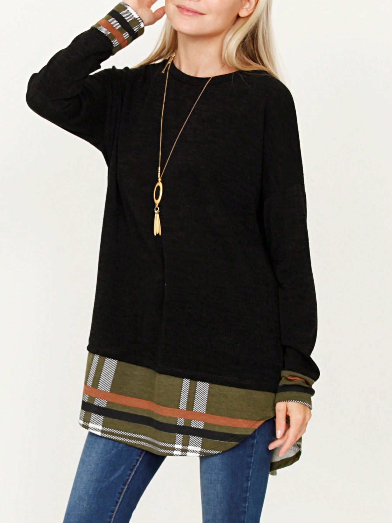 Boho Layered Floral Medallion plaid Crew Neck Cute, Small To Plus Extended Size