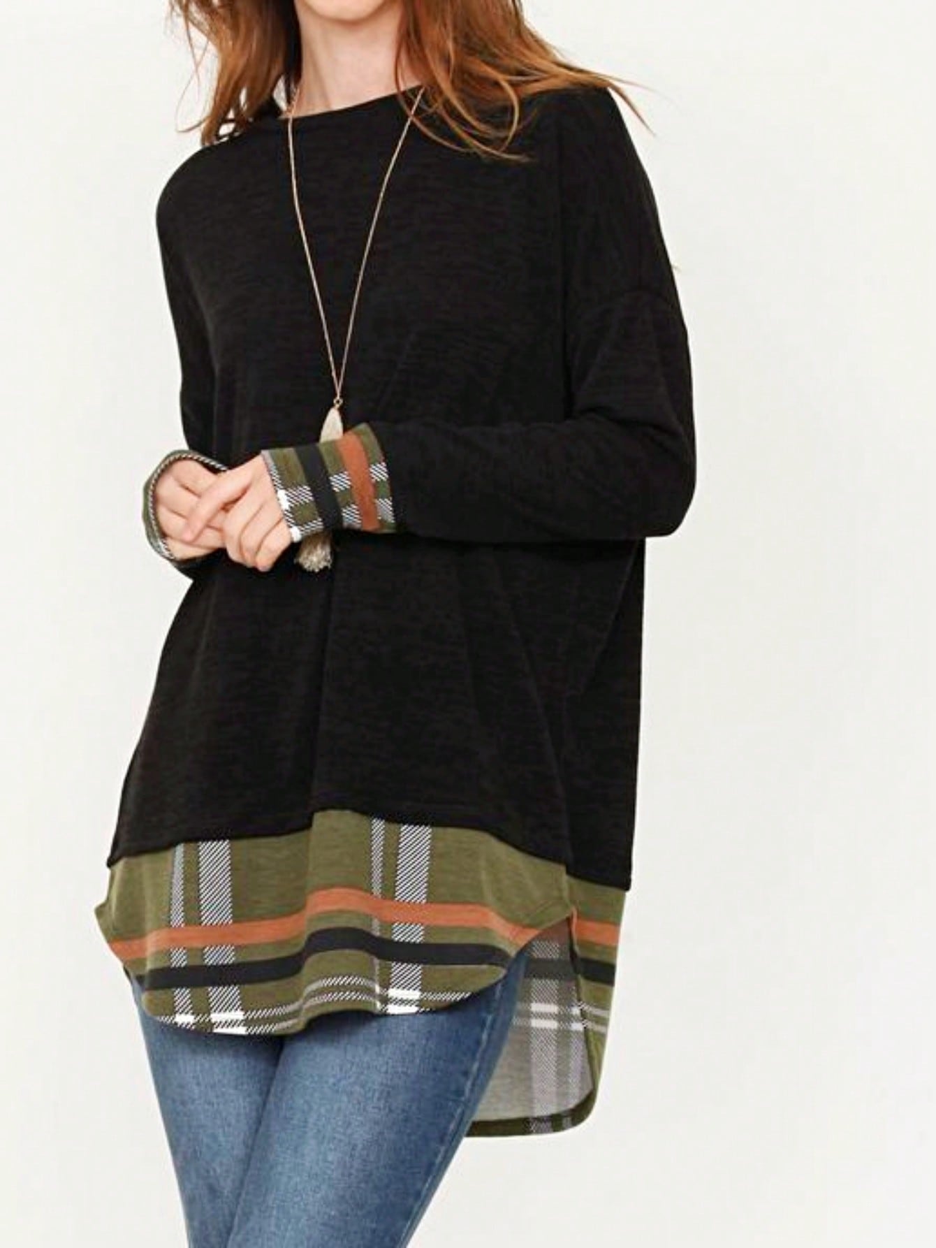 Boho Layered Floral Medallion plaid Crew Neck Cute, Small To Plus Extended Size