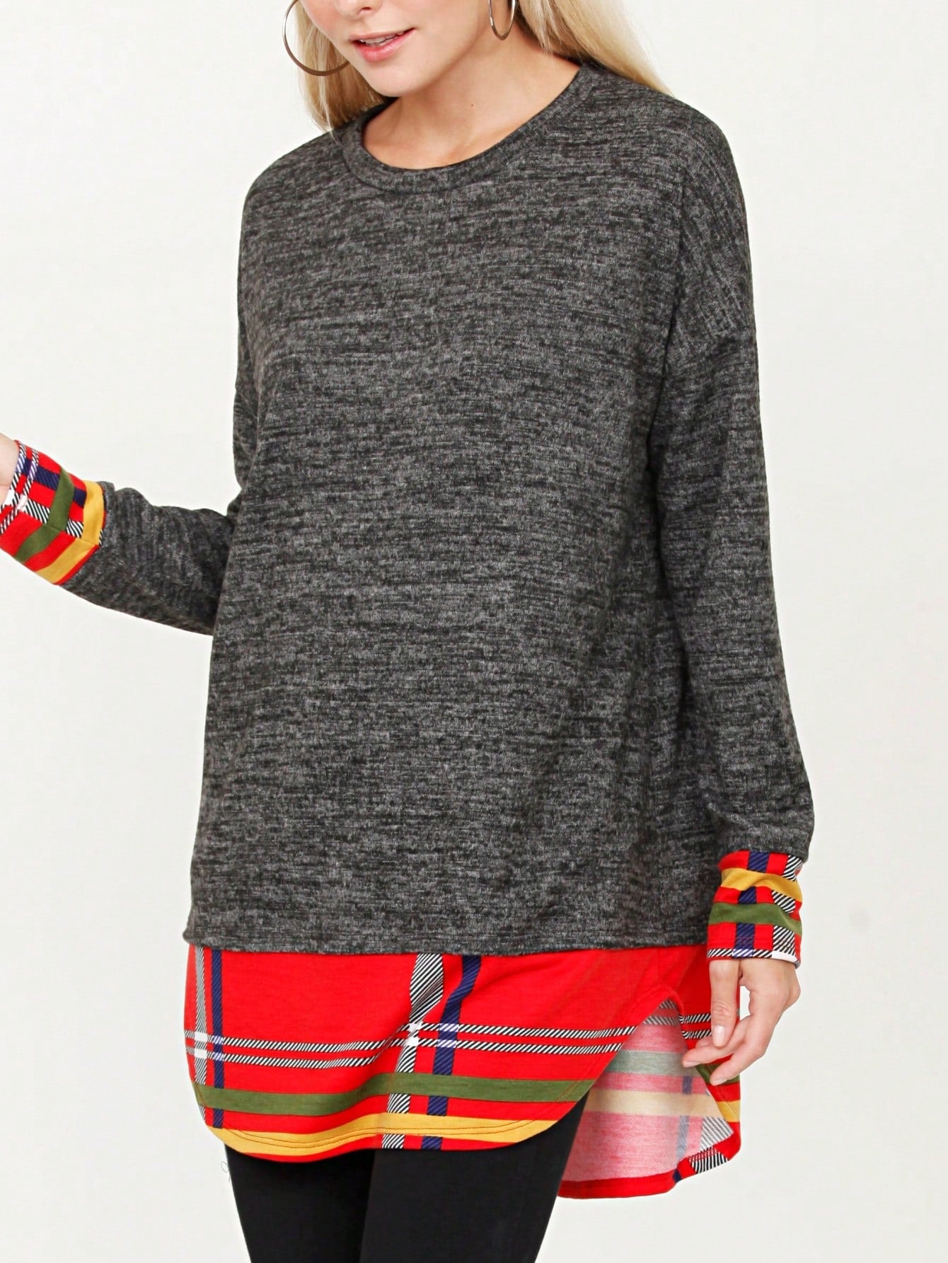 Boho Layered Floral Medallion plaid Crew Neck Cute, Small To Plus Extended Size