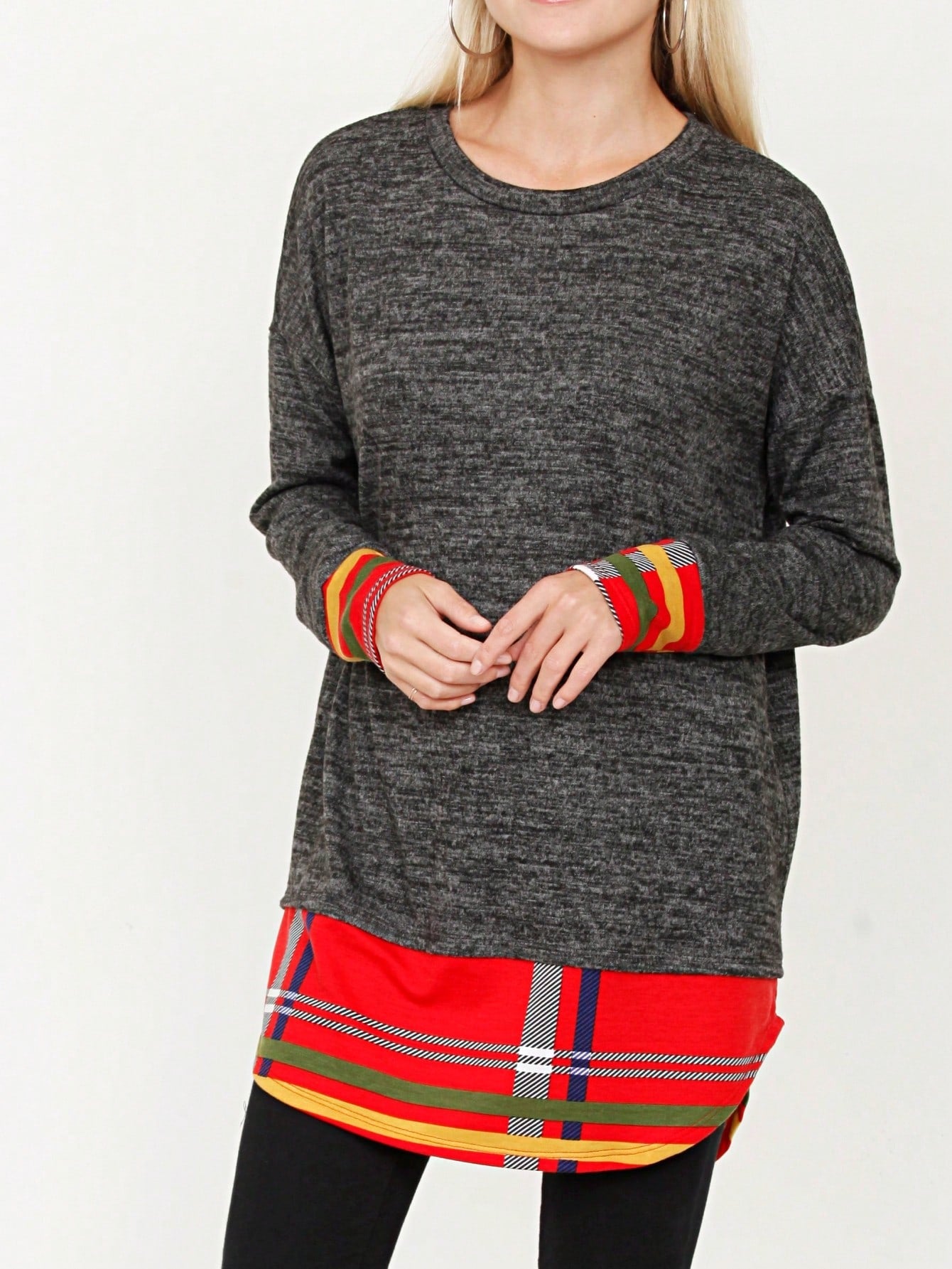 Boho Layered Floral Medallion plaid Crew Neck Cute, Small To Plus Extended Size