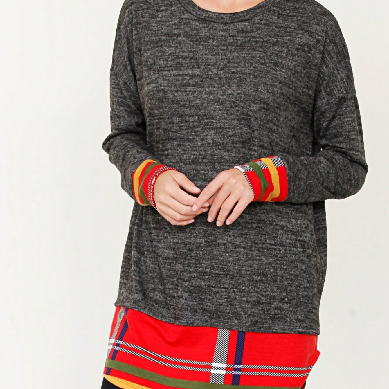 Boho Layered Floral Medallion plaid Crew Neck Cute, Small To Plus Extended Size