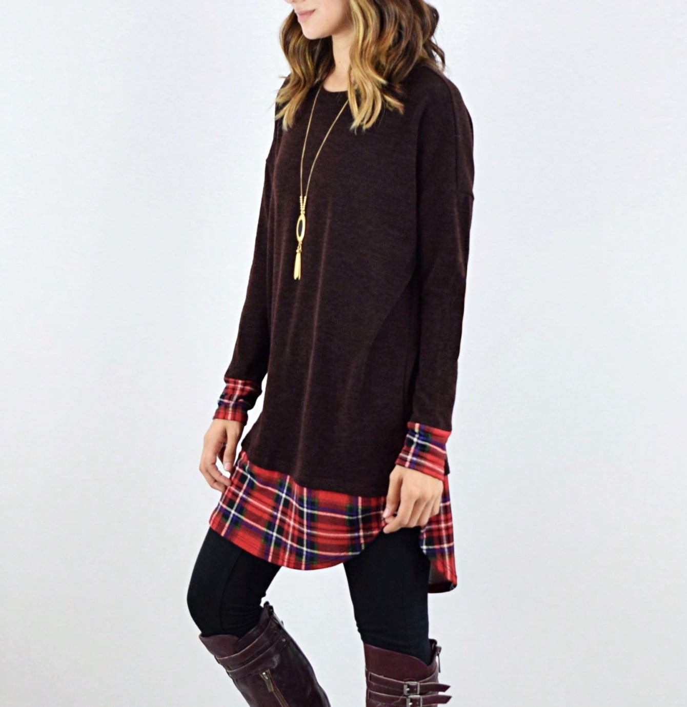 Boho Layered Floral Medallion plaid Crew Neck Cute, Small To Plus Extended Size