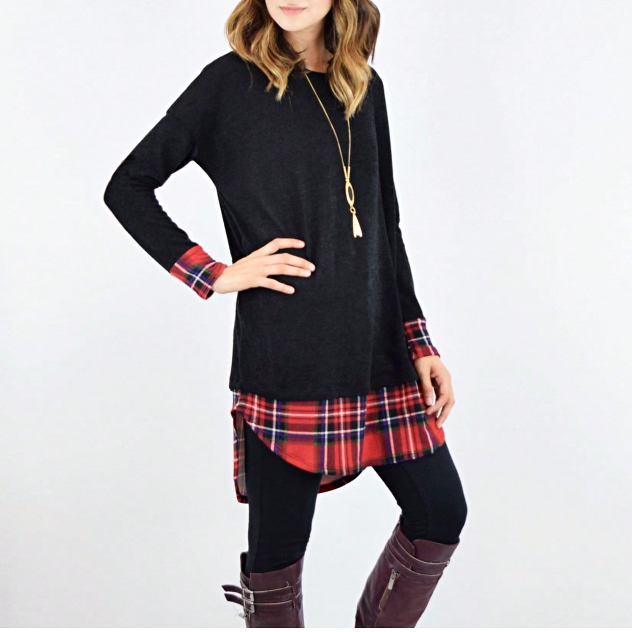 Boho Layered Floral Medallion plaid Crew Neck Cute, Small To Plus Extended Size