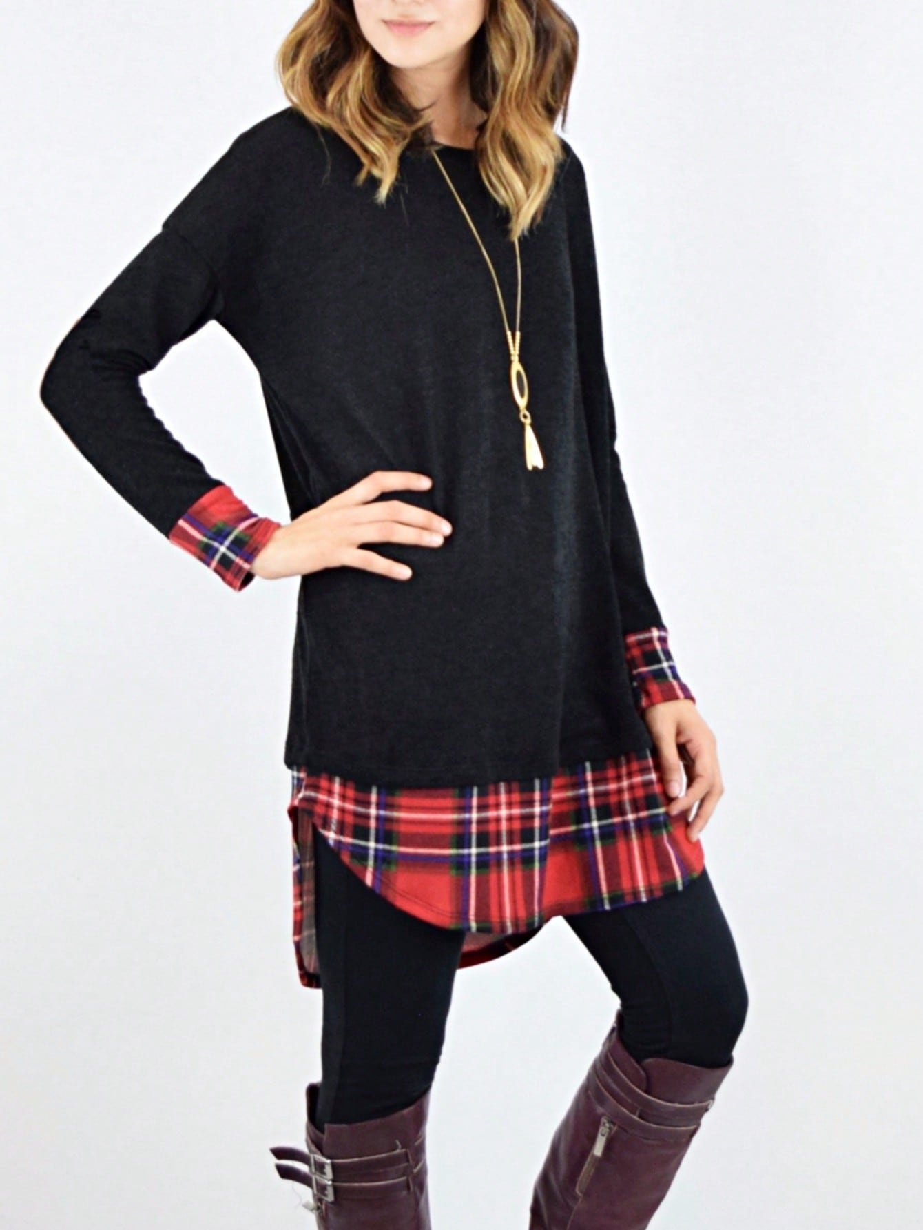 Boho Layered Floral Medallion plaid Crew Neck Cute, Small To Plus Extended Size