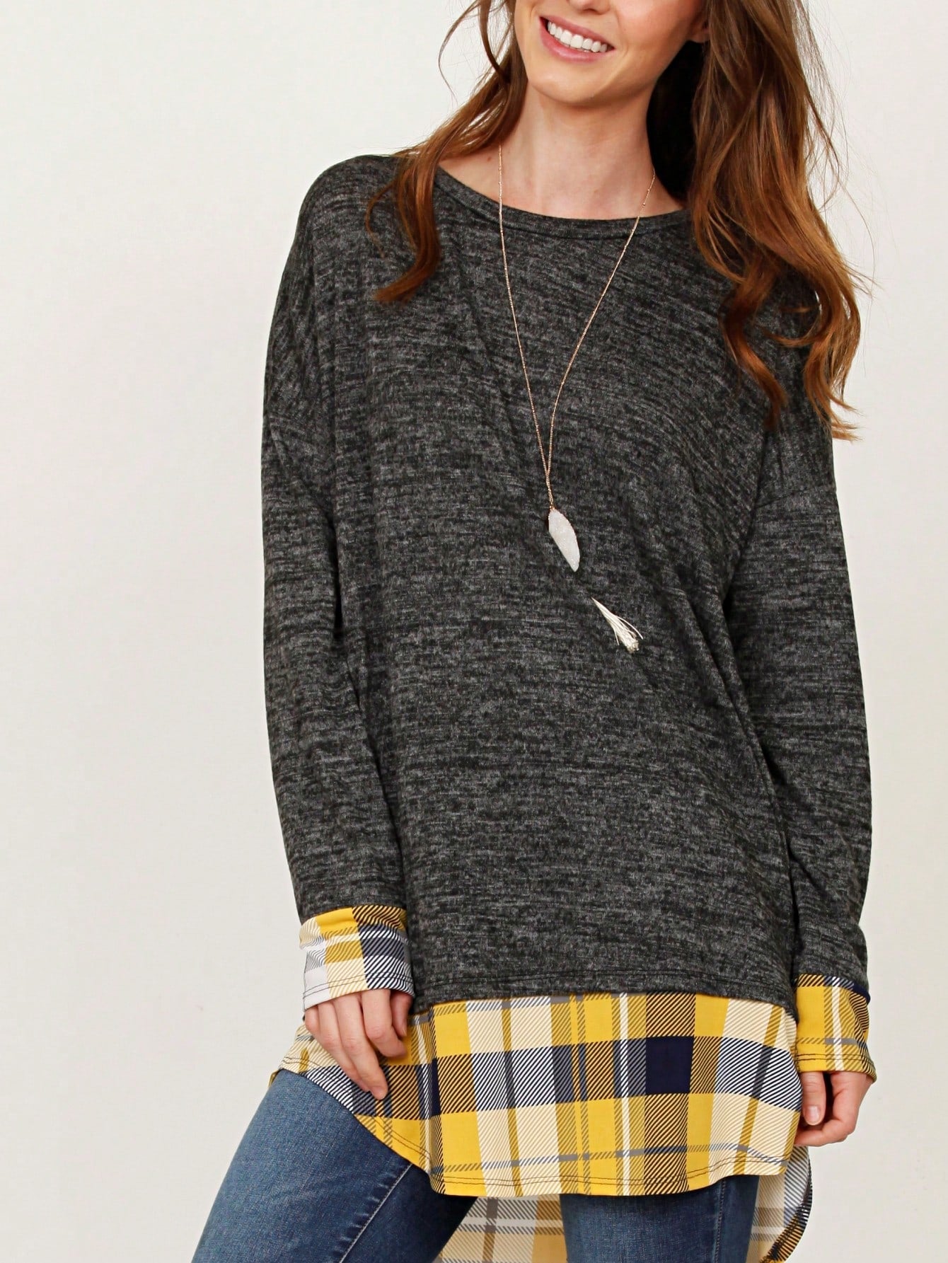 Boho Layered Floral Medallion plaid Crew Neck Cute, Small To Plus Extended Size