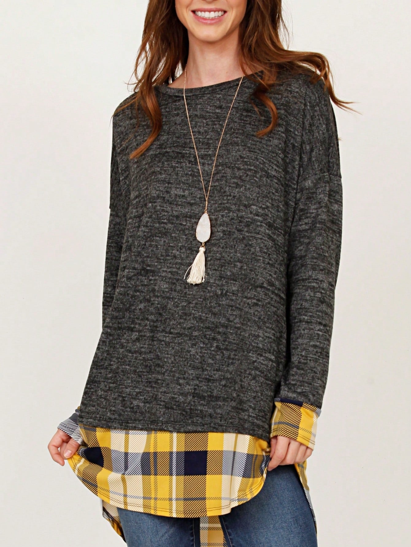 Boho Layered Floral Medallion plaid Crew Neck Cute, Small To Plus Extended Size