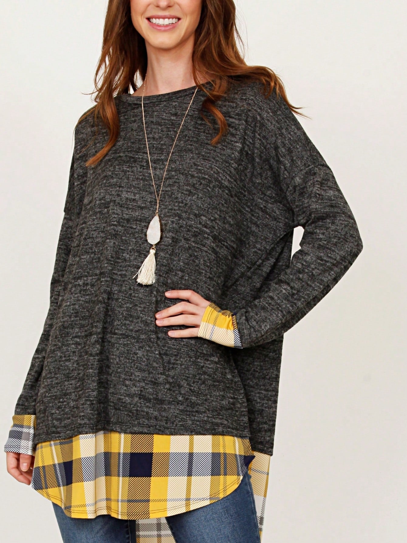 Boho Layered Floral Medallion plaid Crew Neck Cute, Small To Plus Extended Size