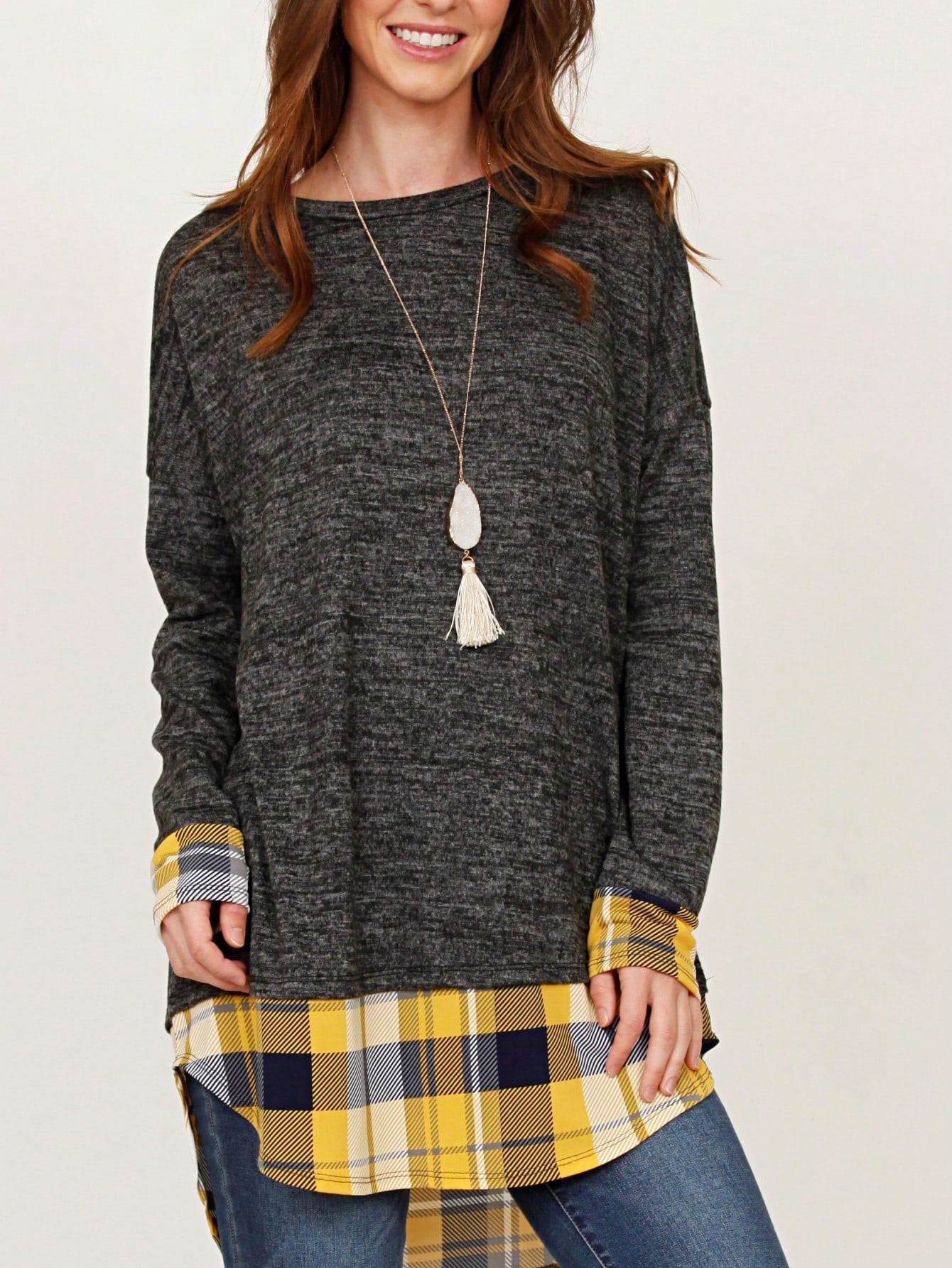 Boho Layered Floral Medallion plaid Crew Neck Cute, Small To Plus Extended Size
