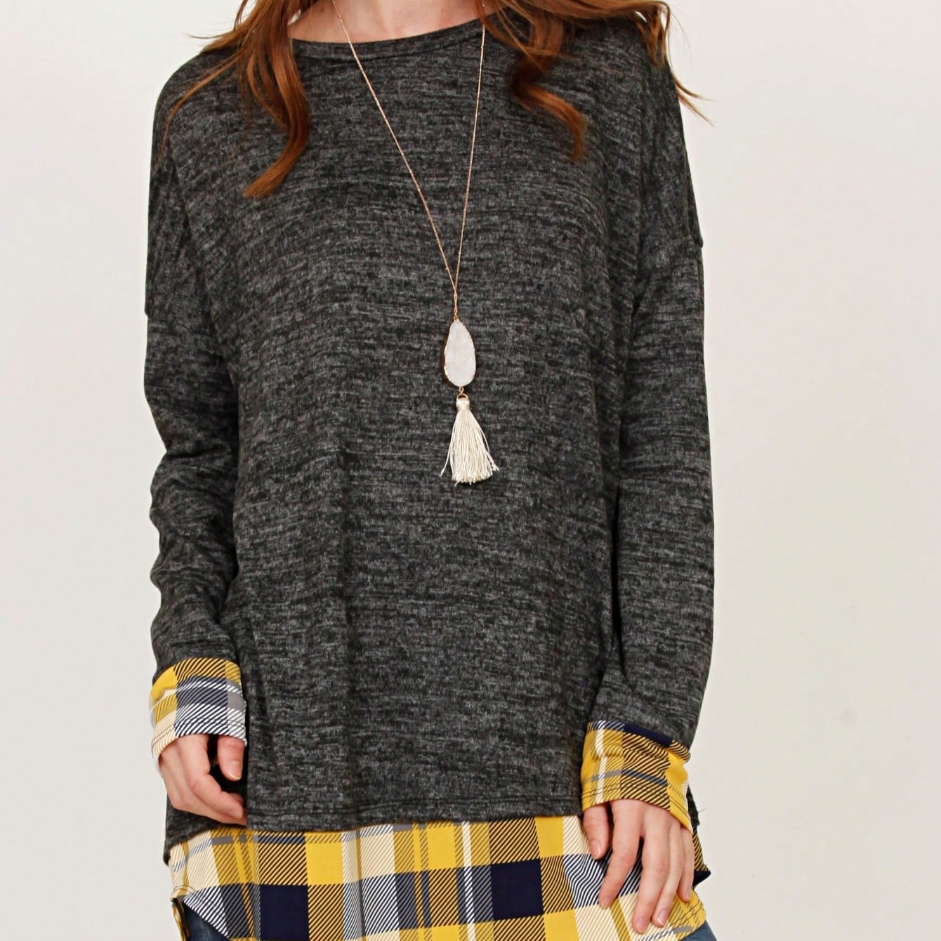 Boho Layered Floral Medallion plaid Crew Neck Cute, Small To Plus Extended Size