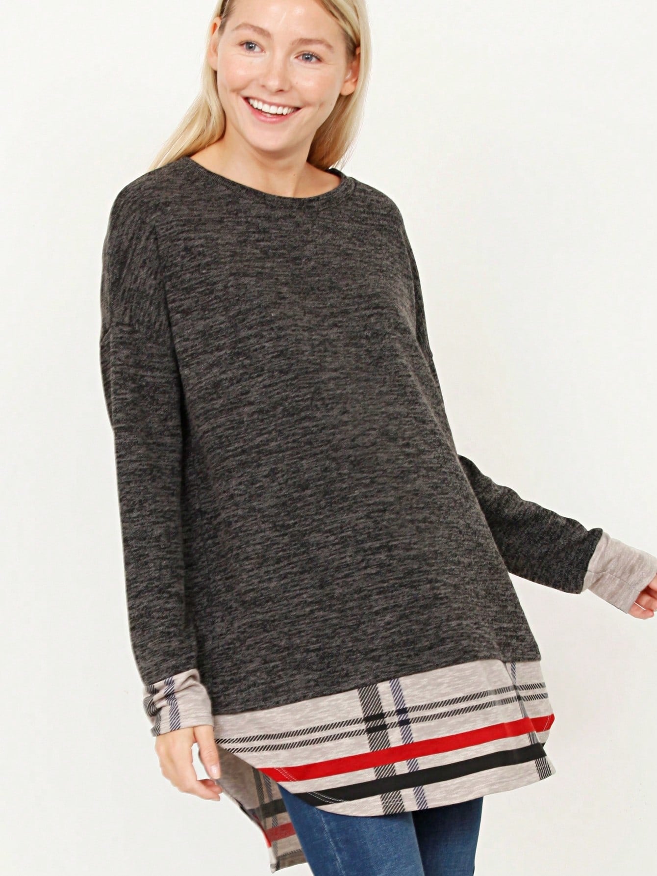 Boho Layered Floral Medallion plaid Crew Neck Cute, Small To Plus Extended Size