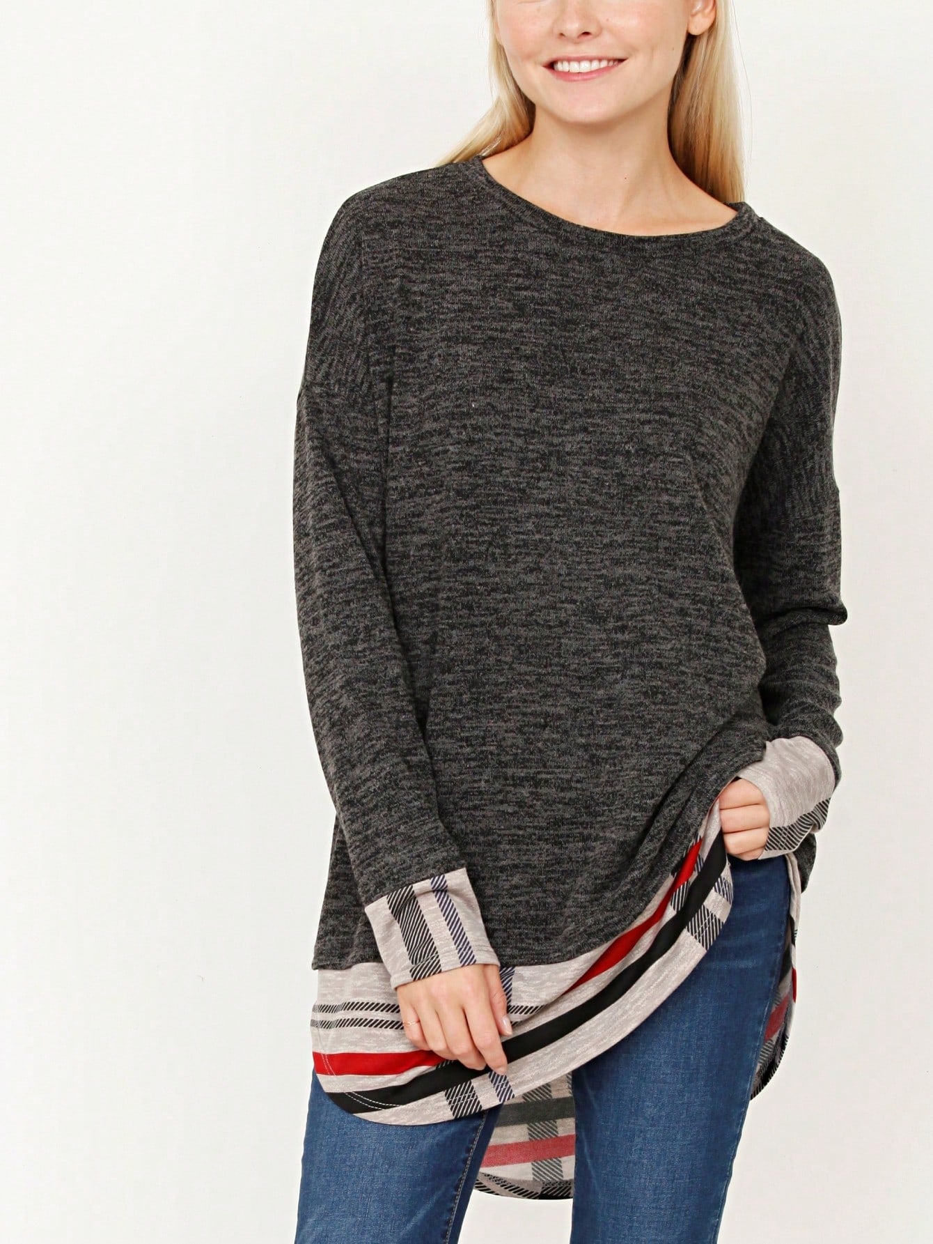 Boho Layered Floral Medallion plaid Crew Neck Cute, Small To Plus Extended Size