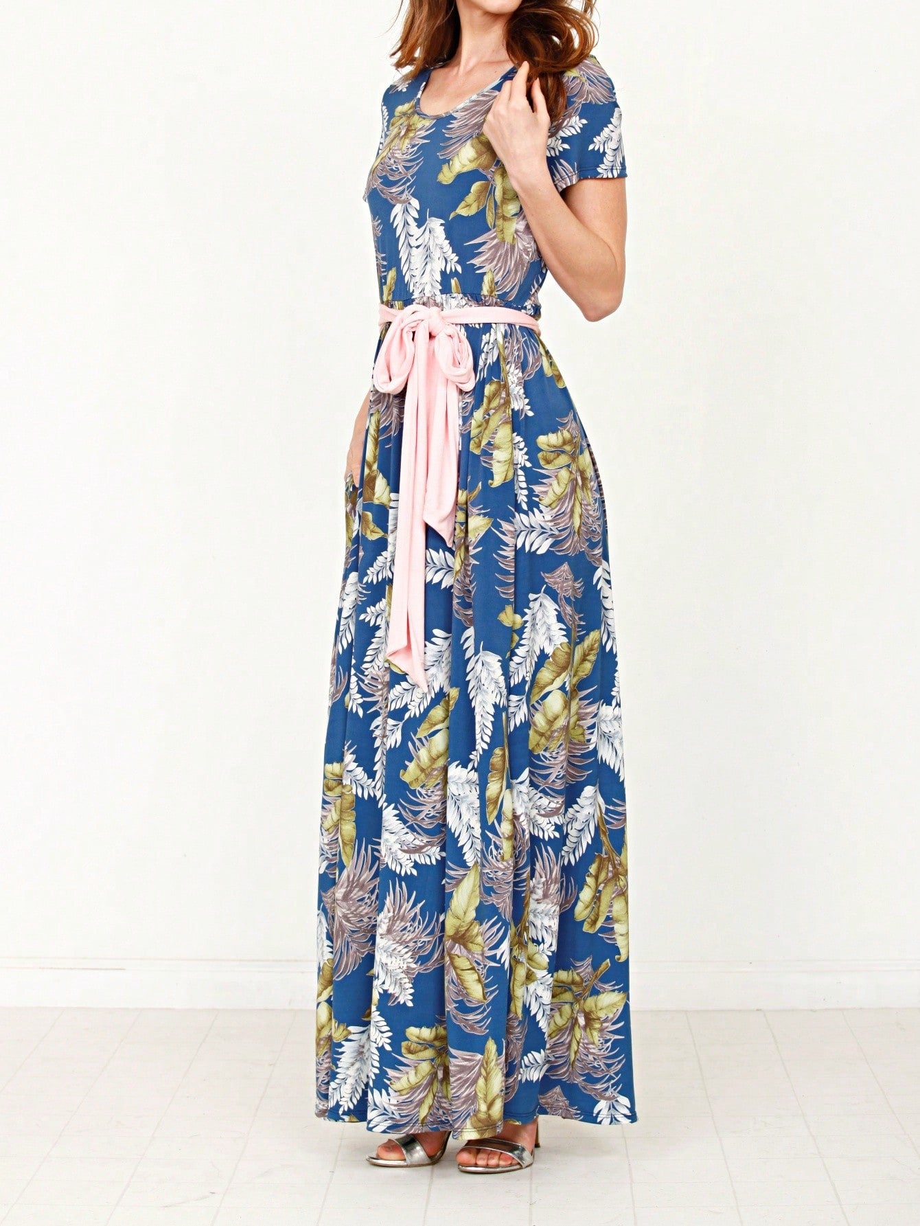 Boho Retro Polka Dot Rayon Mix Casual  Maxi Dress With Folded Cap Sleeve Side Pockets Versatile Summer Dress For Women