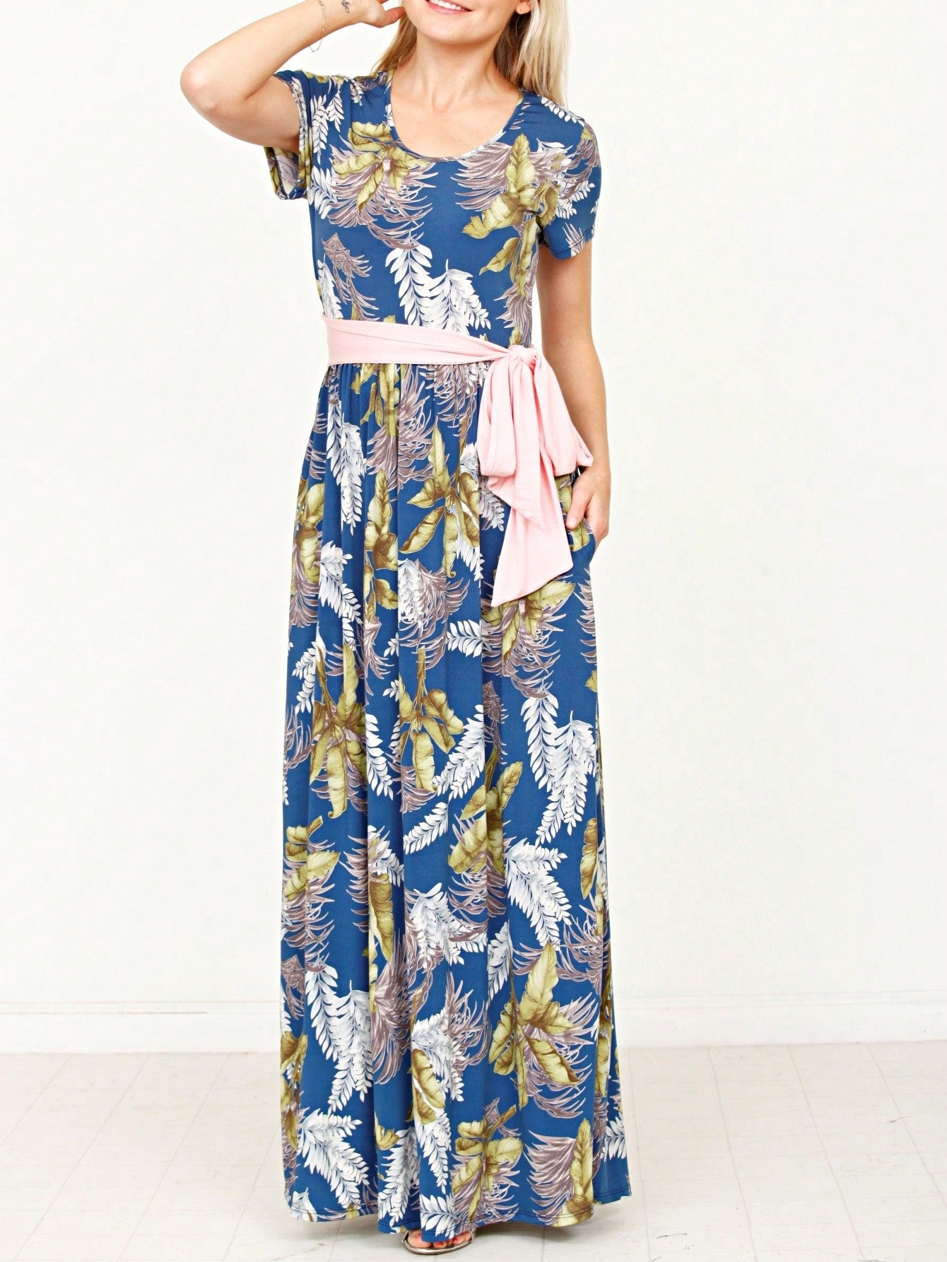 Boho Retro Polka Dot Rayon Mix Casual  Maxi Dress With Folded Cap Sleeve Side Pockets Versatile Summer Dress For Women