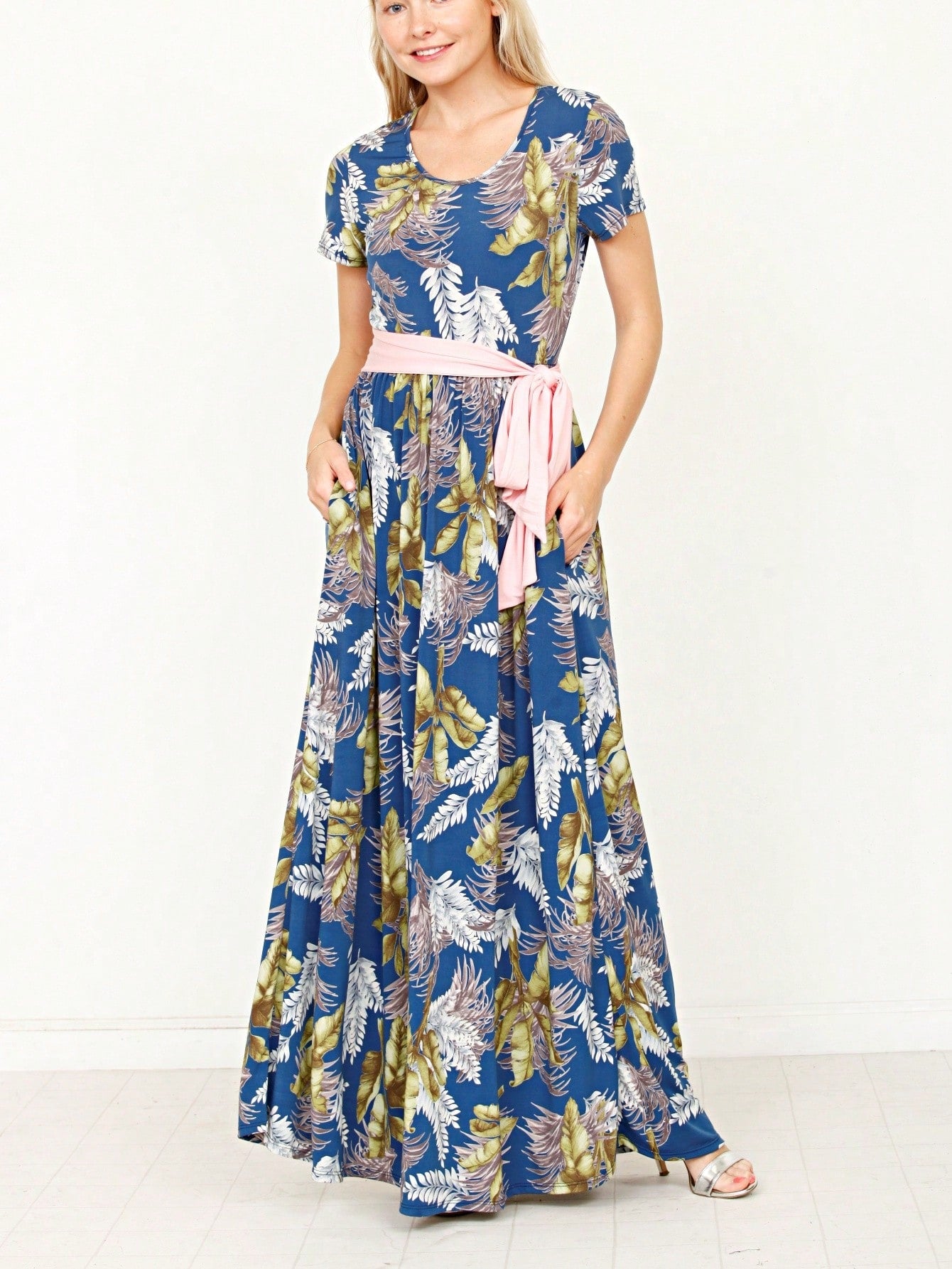 Boho Retro Polka Dot Rayon Mix Casual  Maxi Dress With Folded Cap Sleeve Side Pockets Versatile Summer Dress For Women