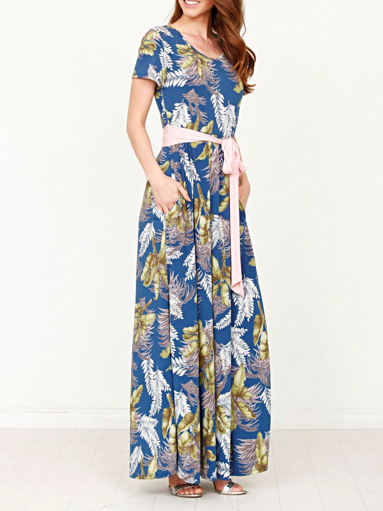 Boho Retro Polka Dot Rayon Mix Casual  Maxi Dress With Folded Cap Sleeve Side Pockets Versatile Summer Dress For Women