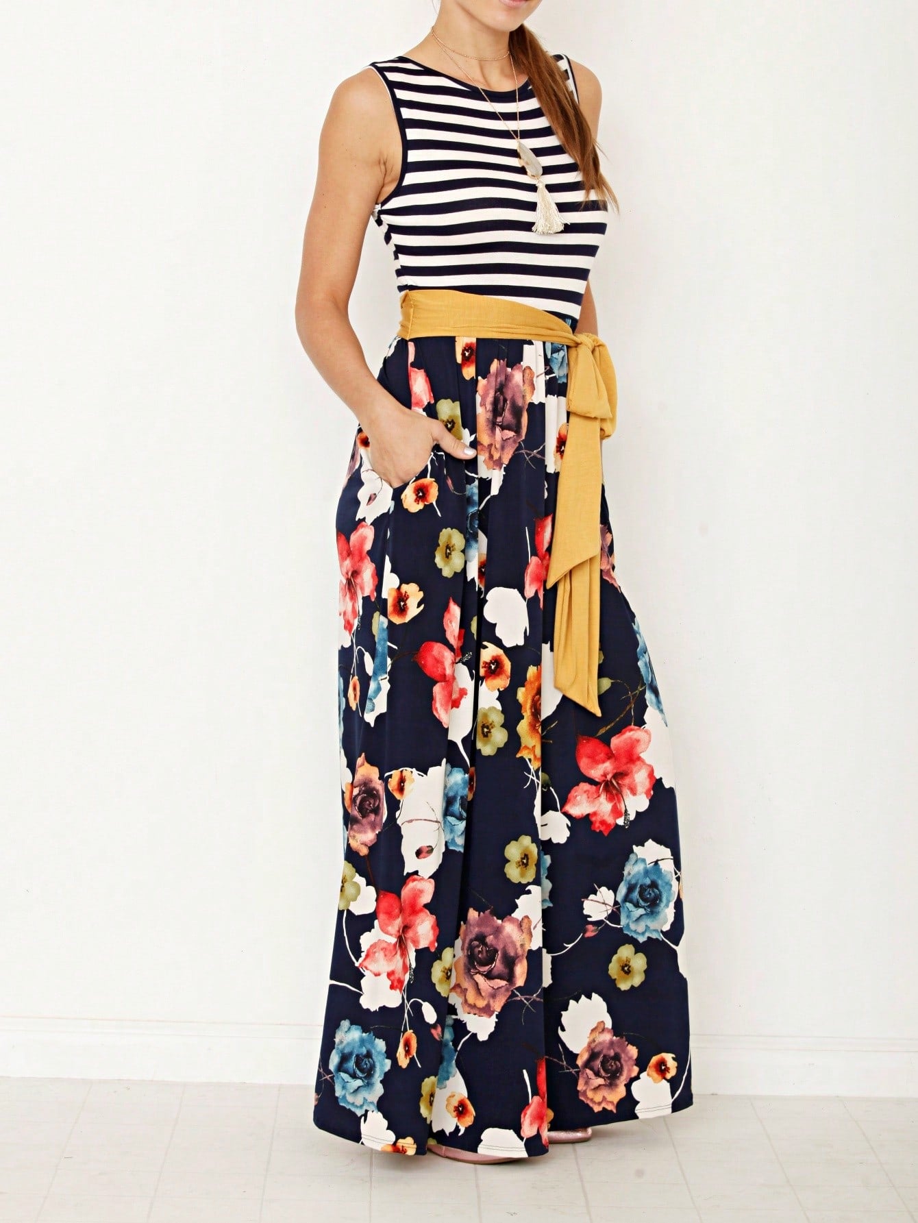 Elegant Floral Maxi Dress With Plunging Neckline Short Sleeve Surplice Sash Versatile Summer Dress For Women