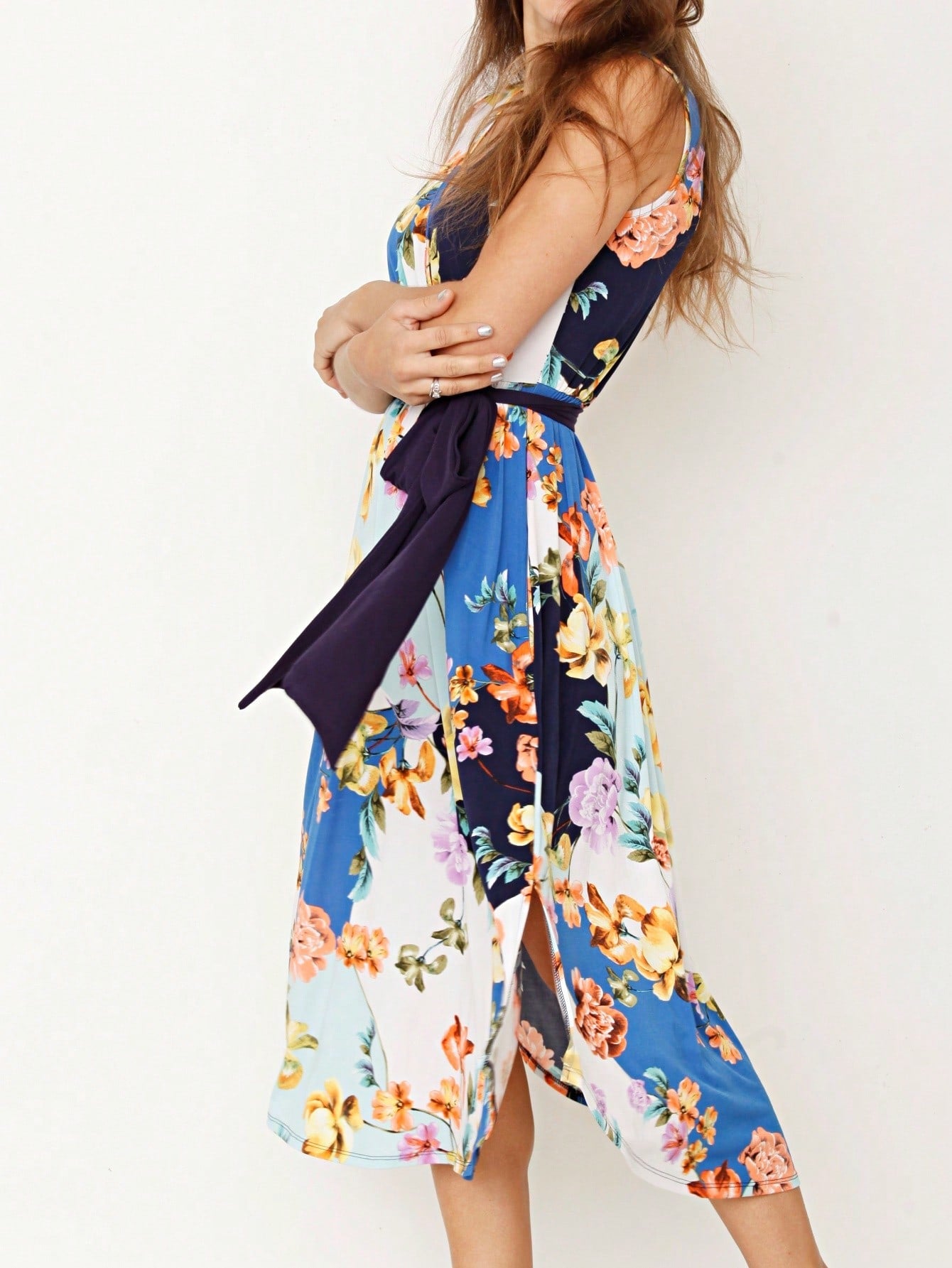 Contrast Surplice Ditsy Floral Midi Dress With Sash | 2 Colors | S-3X