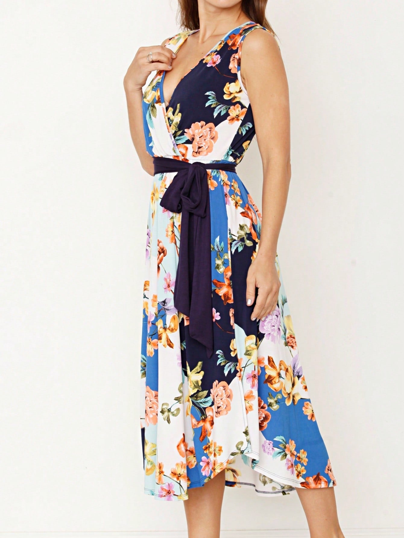 Contrast Surplice Ditsy Floral Midi Dress With Sash | 2 Colors | S-3X