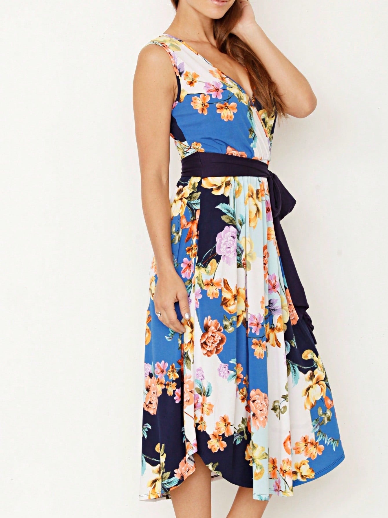 Contrast Surplice Ditsy Floral Midi Dress With Sash | 2 Colors | S-3X