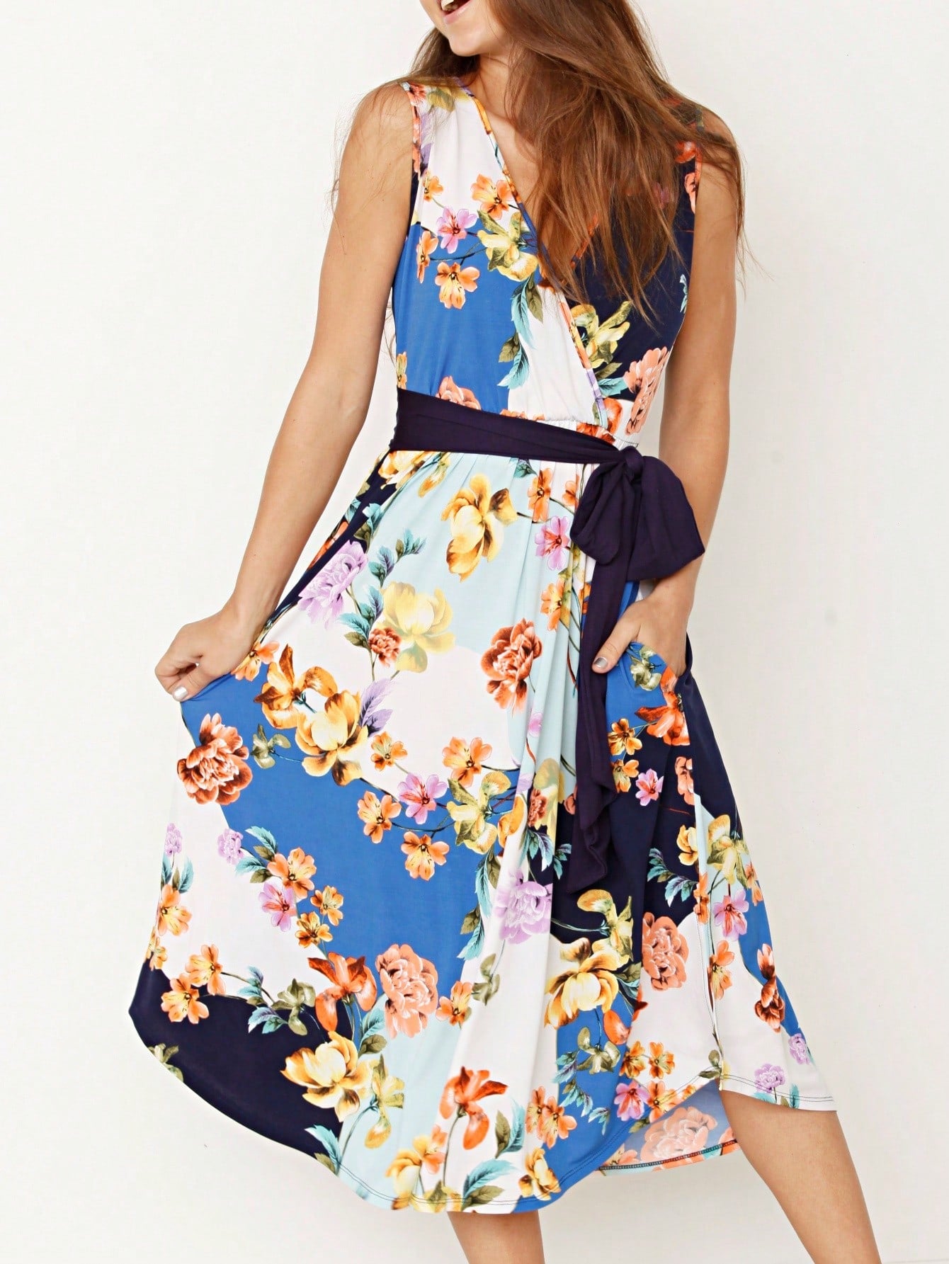 Contrast Surplice Ditsy Floral Midi Dress With Sash | 2 Colors | S-3X