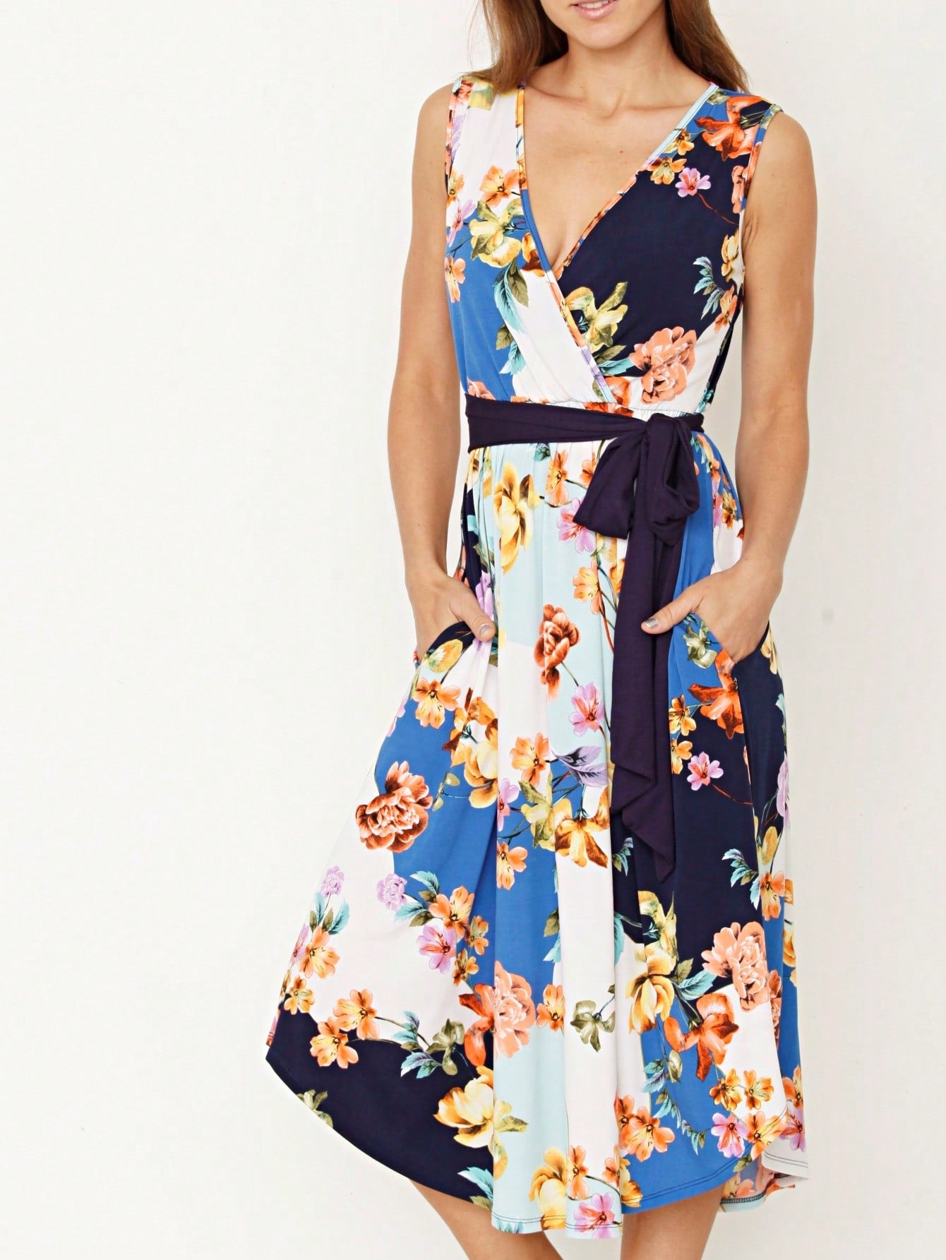 Contrast Surplice Ditsy Floral Midi Dress With Sash | 2 Colors | S-3X