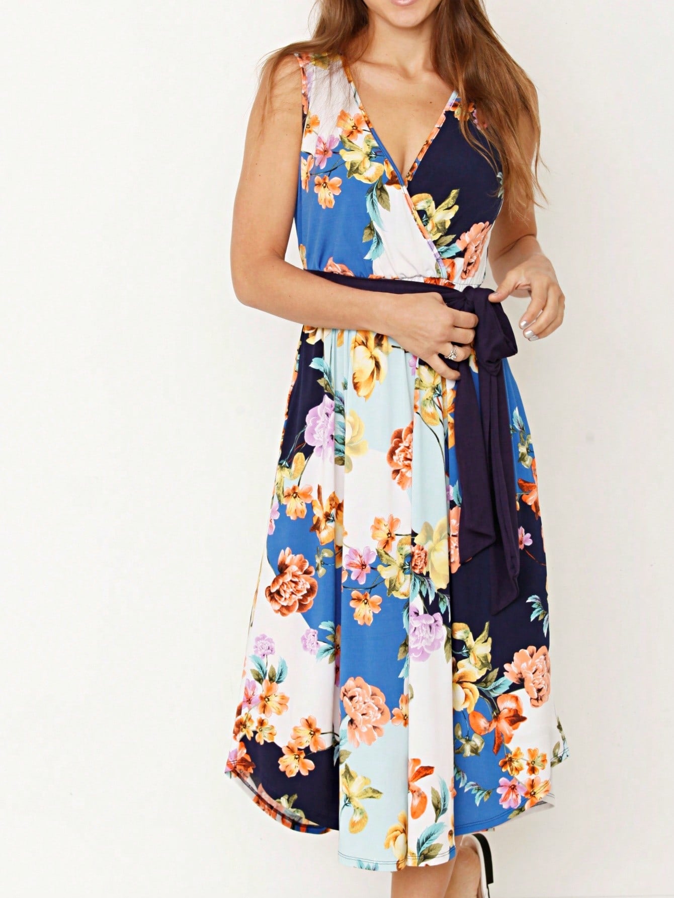 Contrast Surplice Ditsy Floral Midi Dress With Sash | 2 Colors | S-3X