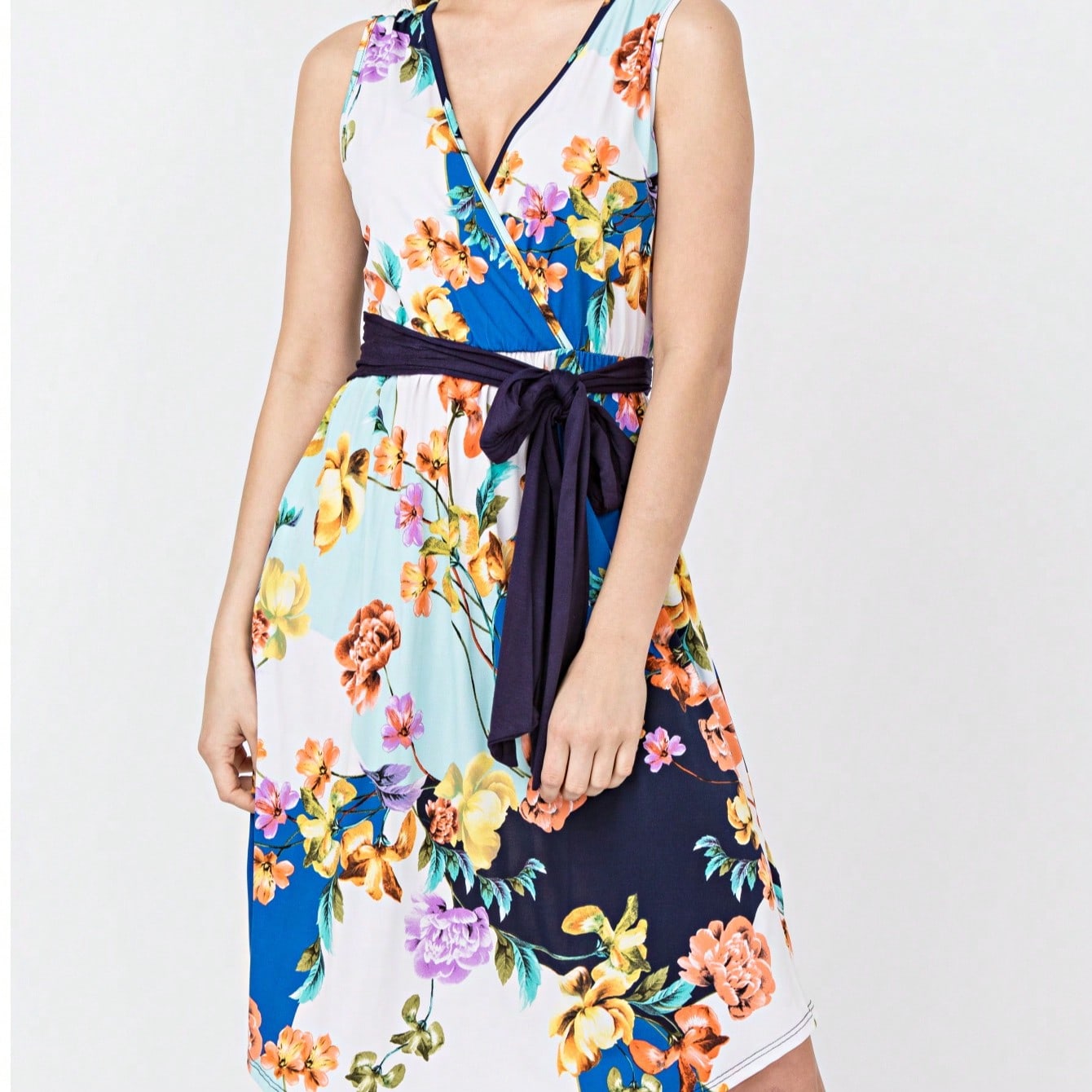 Contrast Surplice Ditsy Floral Midi Dress With Sash | 2 Colors | S-3X