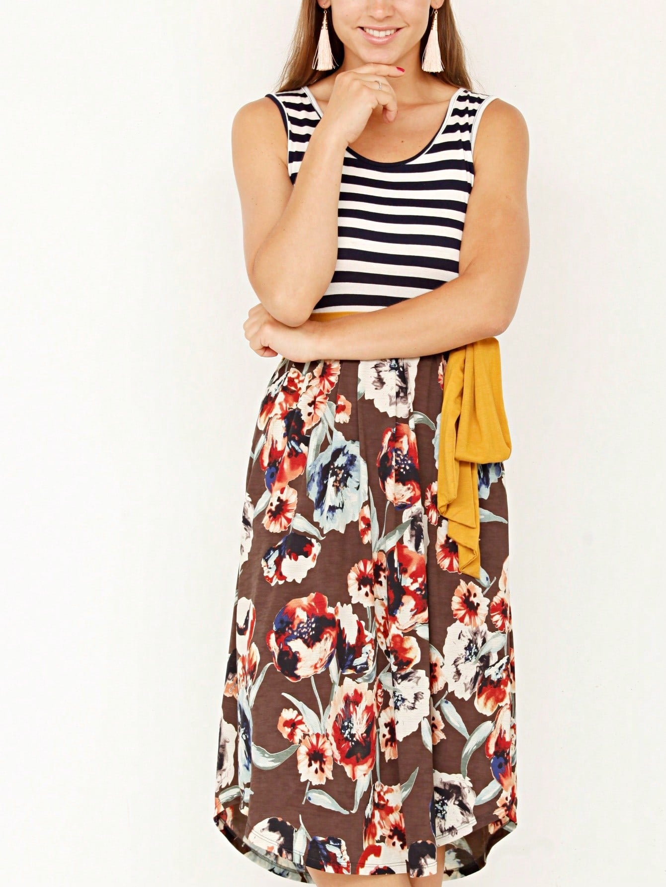 Contrast Surplice Ditsy Floral Midi Dress With Sash | 2 Colors | S-3X