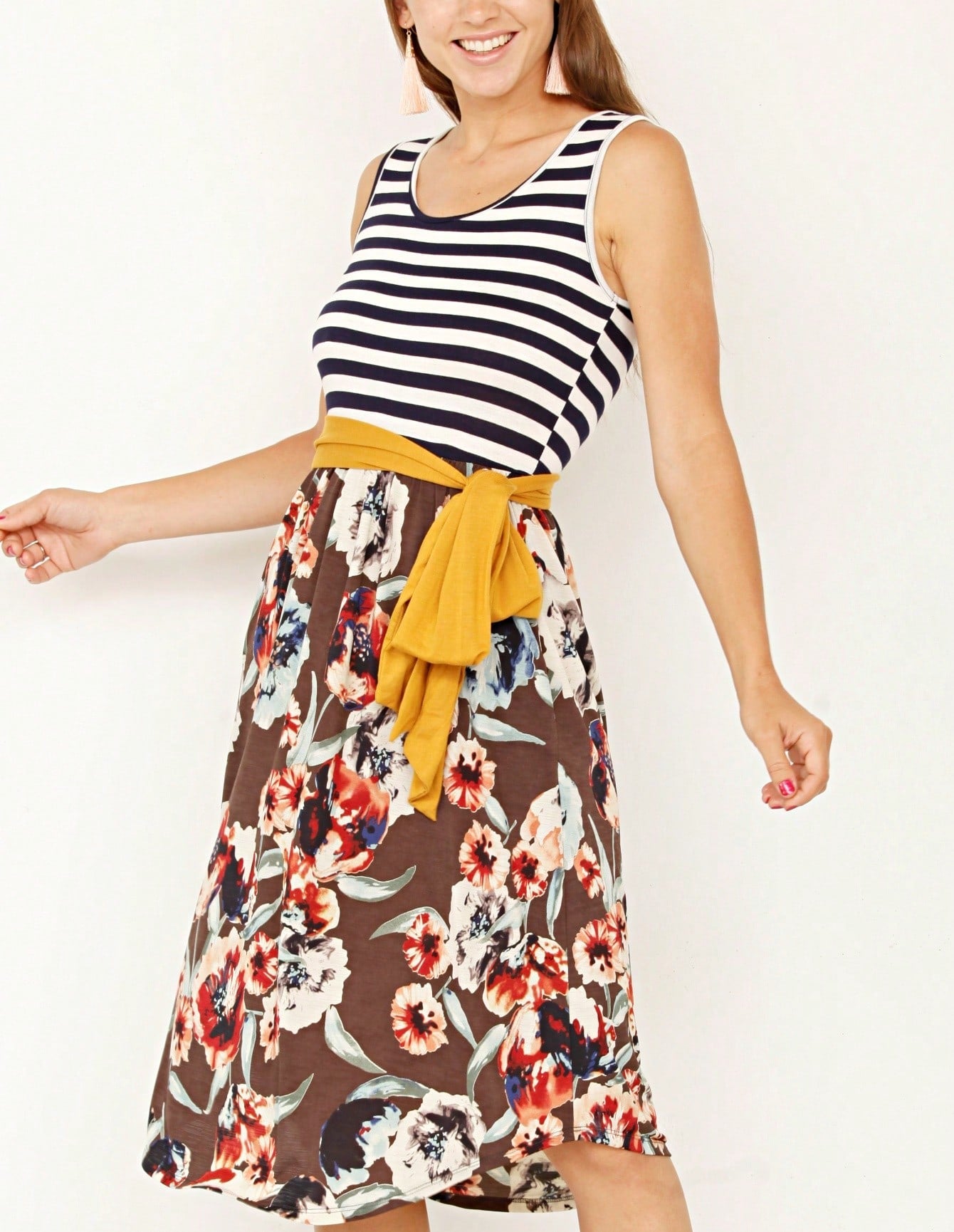 Contrast Surplice Ditsy Floral Midi Dress With Sash | 2 Colors | S-3X