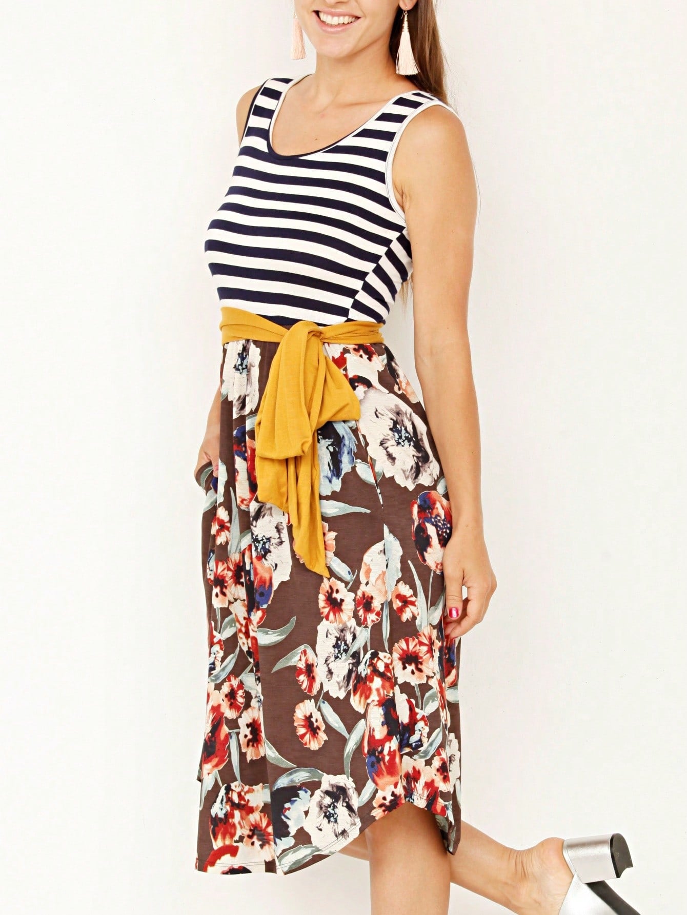 Contrast Surplice Ditsy Floral Midi Dress With Sash | 2 Colors | S-3X
