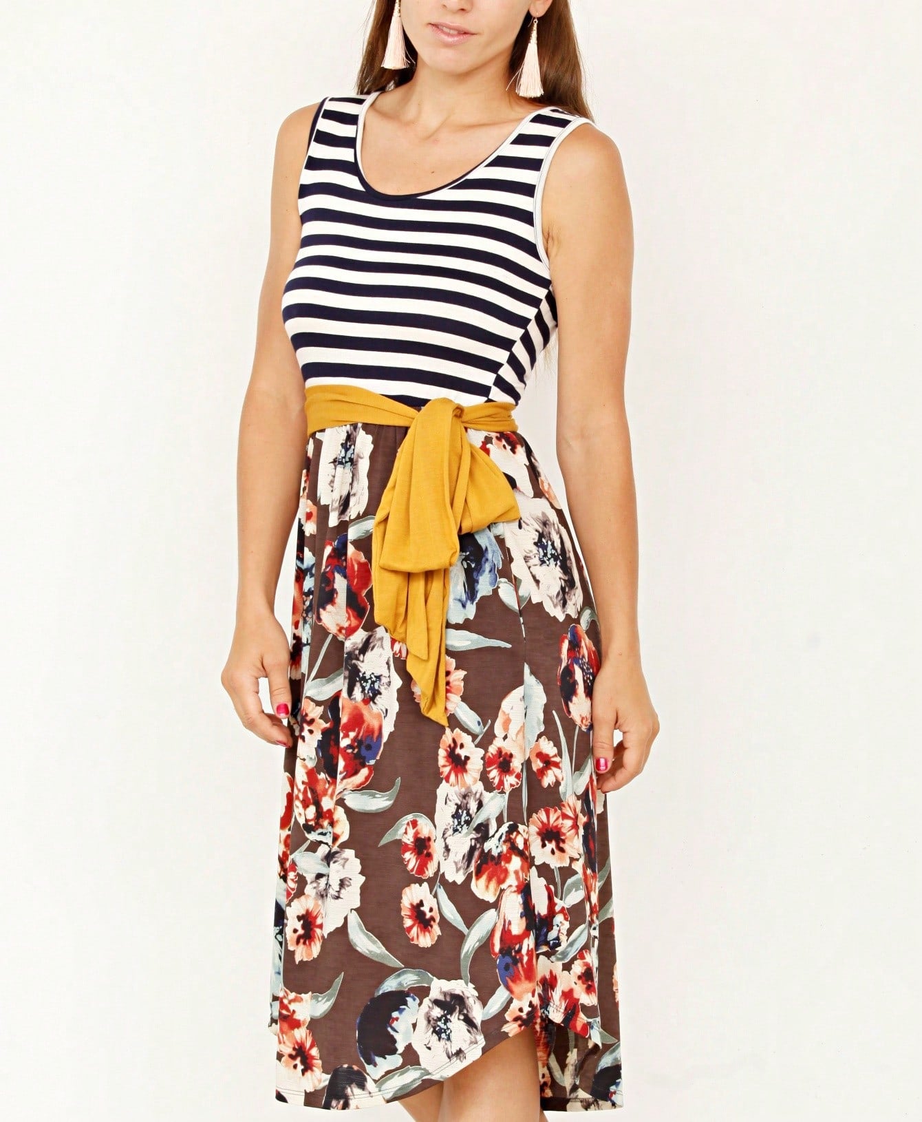 Contrast Surplice Ditsy Floral Midi Dress With Sash | 2 Colors | S-3X