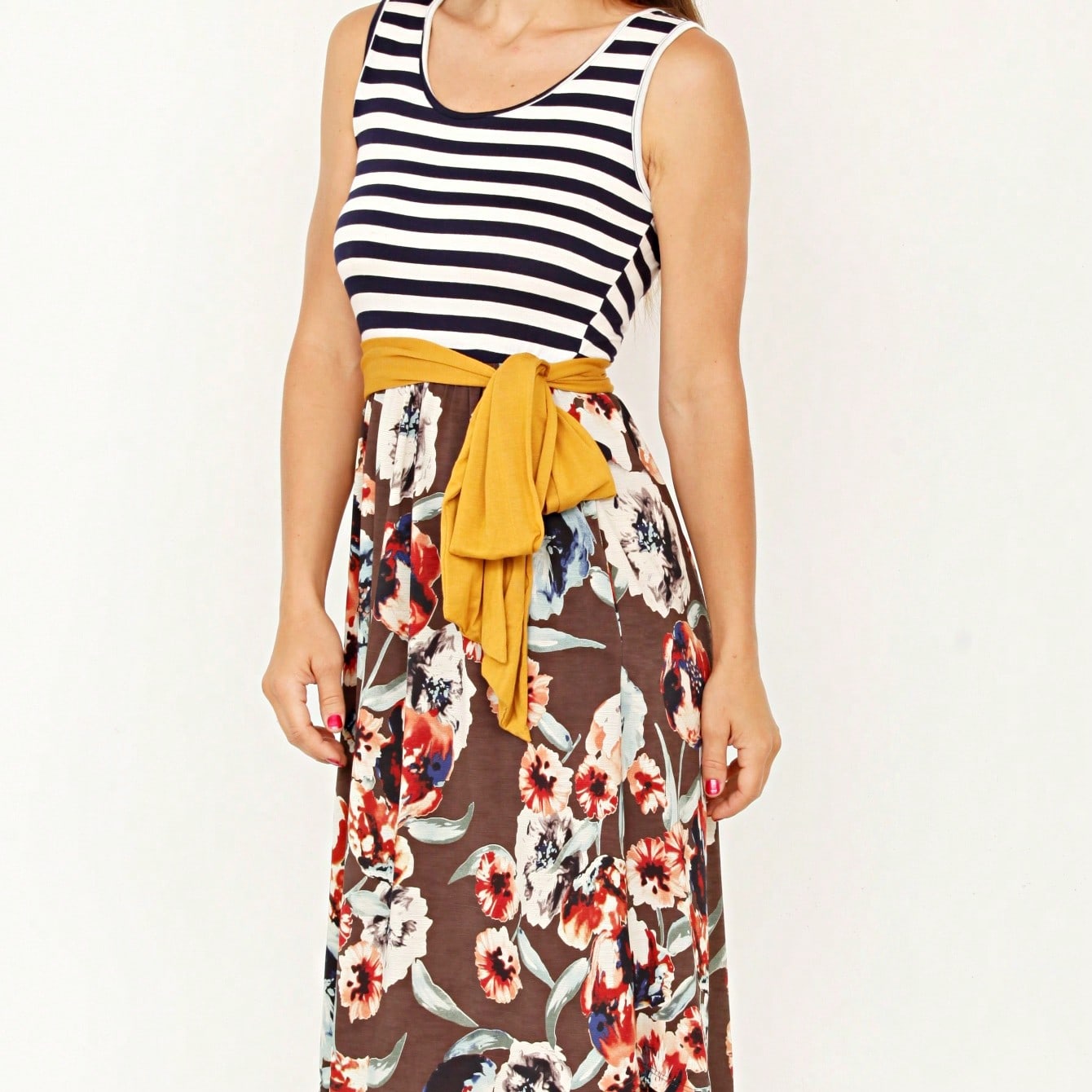 Contrast Surplice Ditsy Floral Midi Dress With Sash | 2 Colors | S-3X