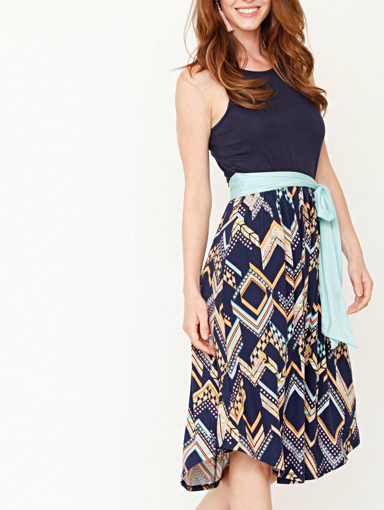 Contrast Surplice Ditsy Floral Midi Dress With Sash | 2 Colors | S-3X