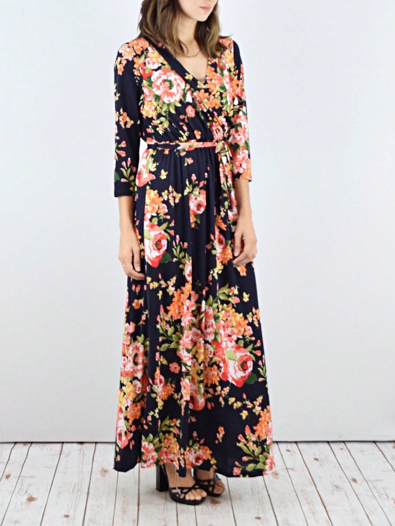 Contrast Surplice Ditsy Floral Midi Dress With Sash | 2 Colors | S-3X