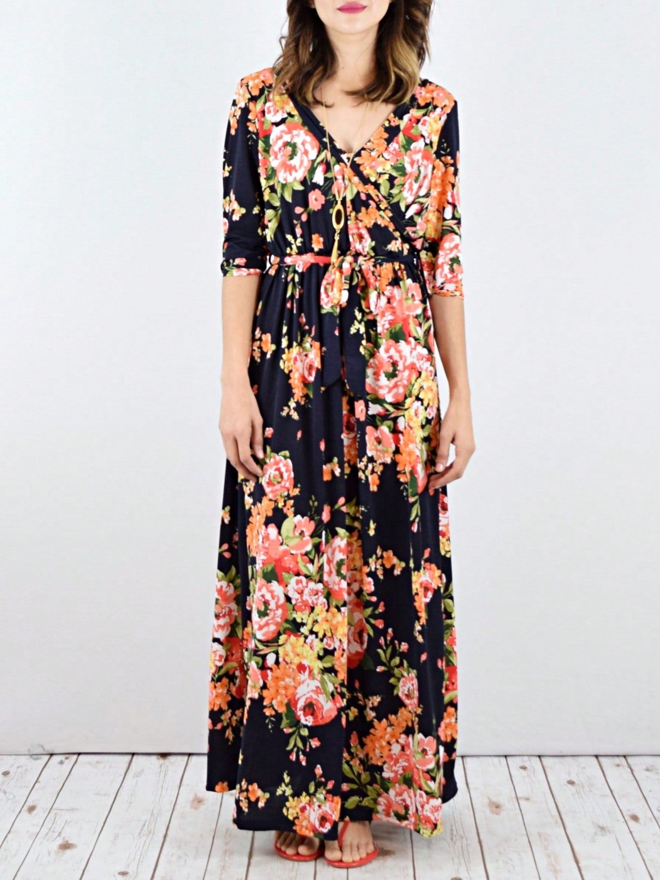 Contrast Surplice Ditsy Floral Midi Dress With Sash | 2 Colors | S-3X