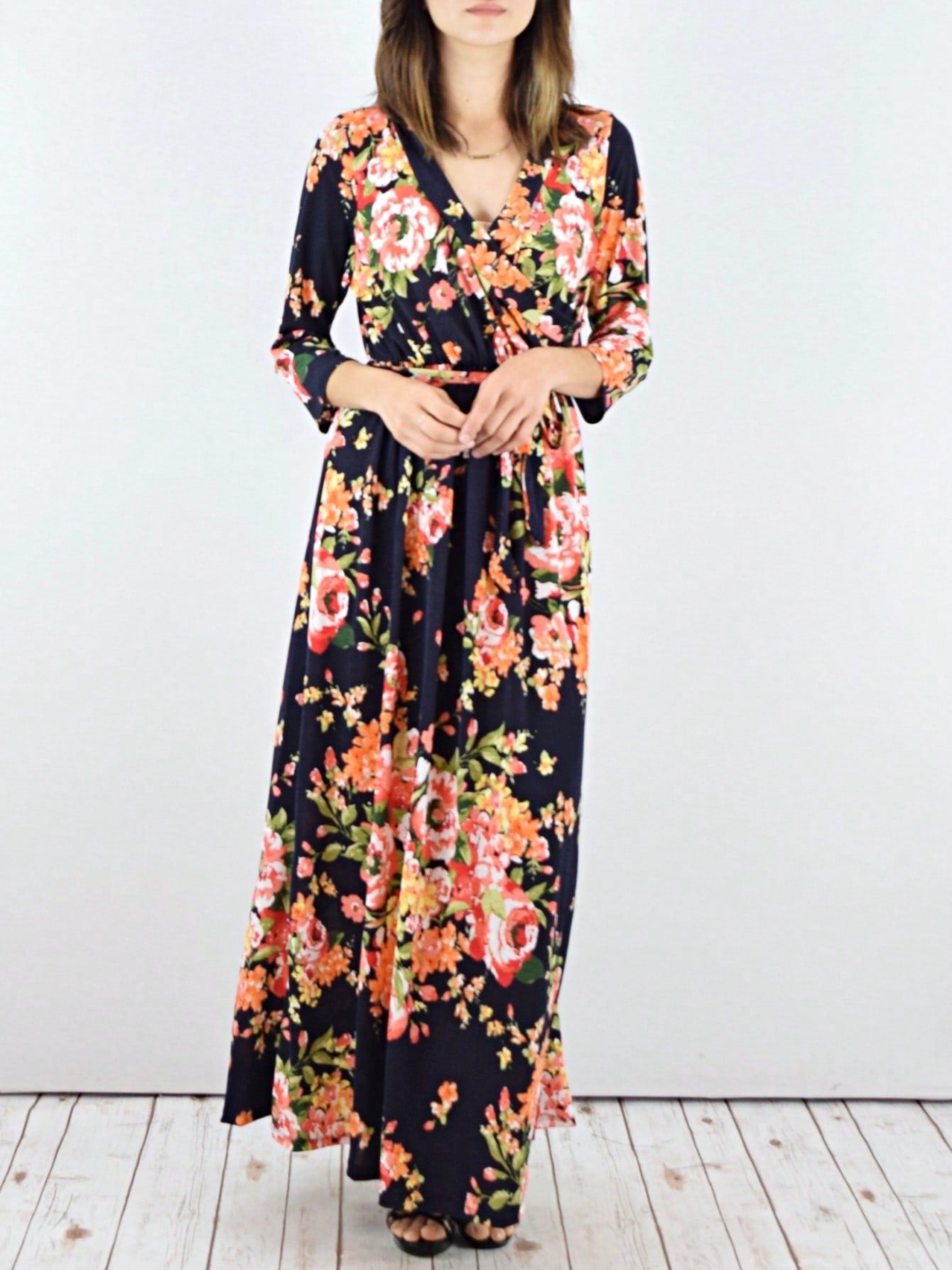Contrast Surplice Ditsy Floral Midi Dress With Sash | 2 Colors | S-3X