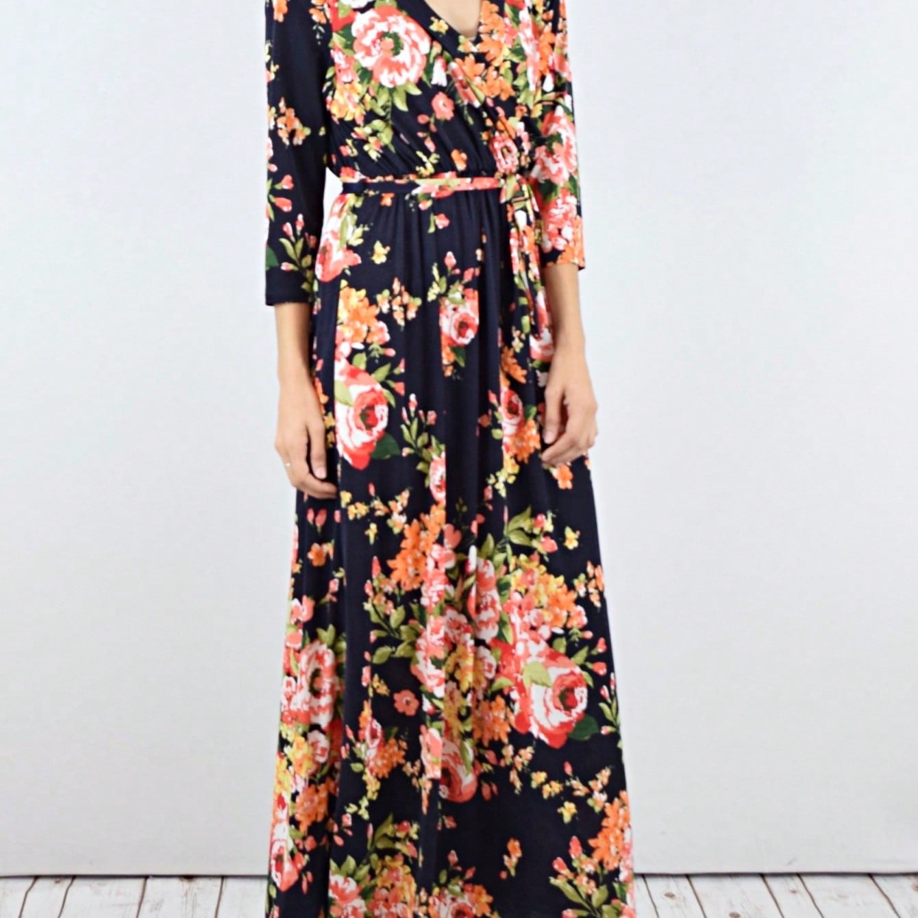 Contrast Surplice Ditsy Floral Midi Dress With Sash | 2 Colors | S-3X