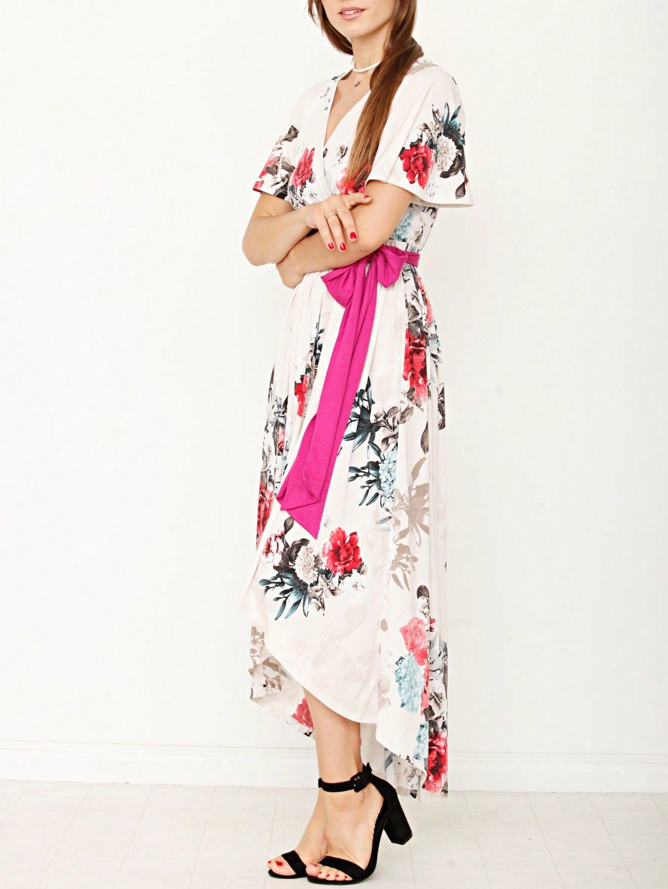 Contrast Surplice Ditsy Floral Midi Dress With Sash | 2 Colors | S-3X