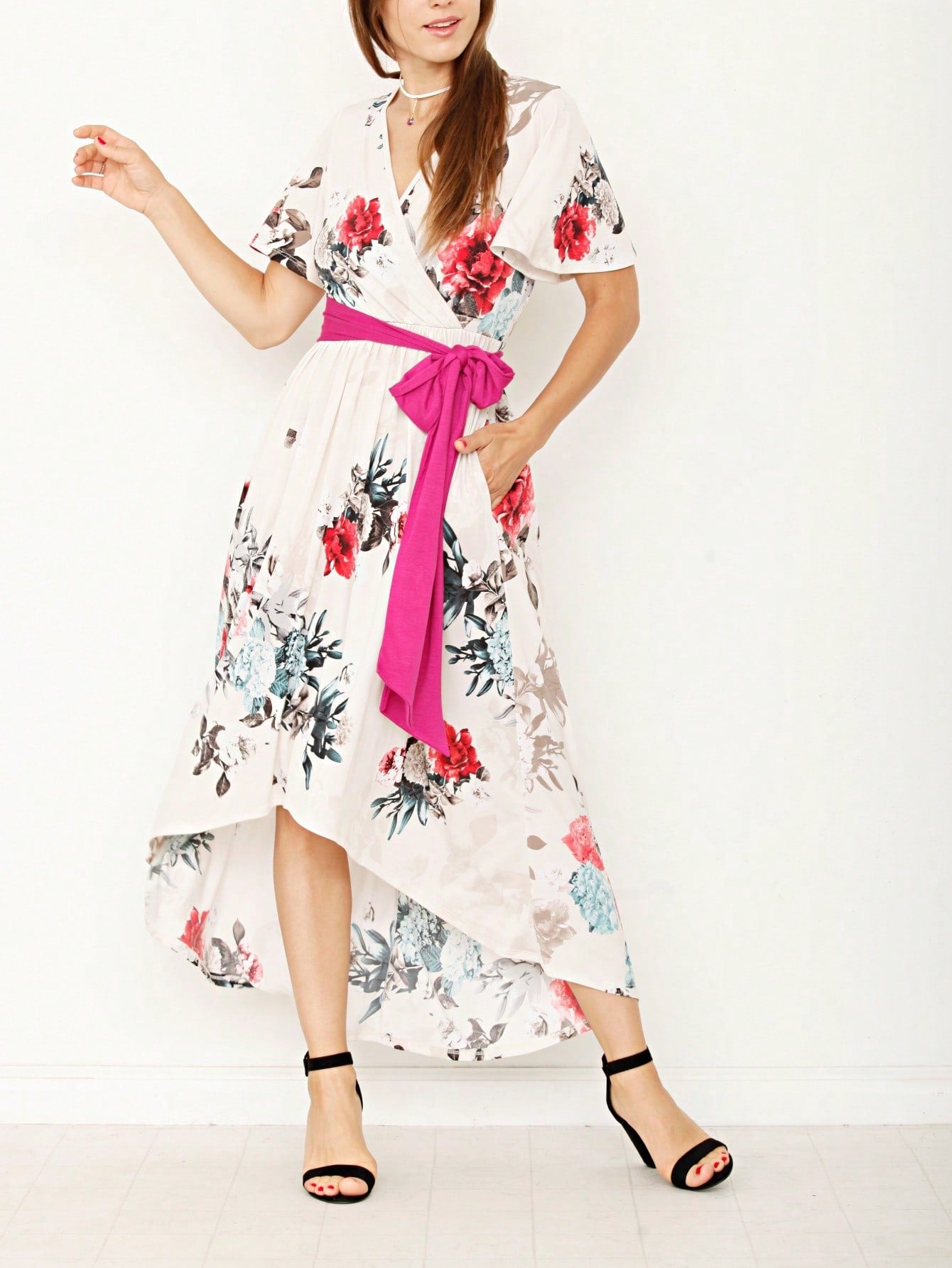 Contrast Surplice Ditsy Floral Midi Dress With Sash | 2 Colors | S-3X