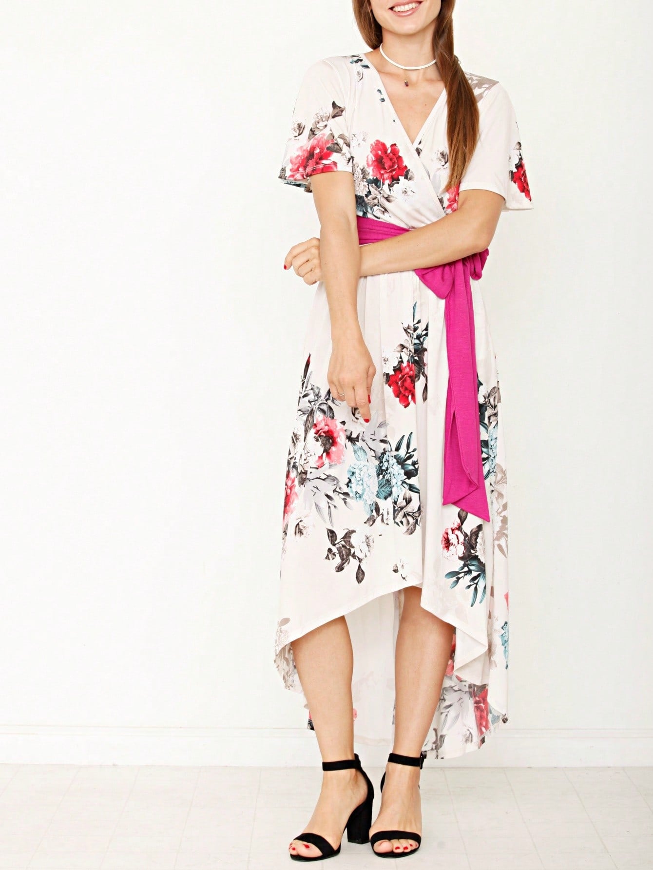 Contrast Surplice Ditsy Floral Midi Dress With Sash | 2 Colors | S-3X