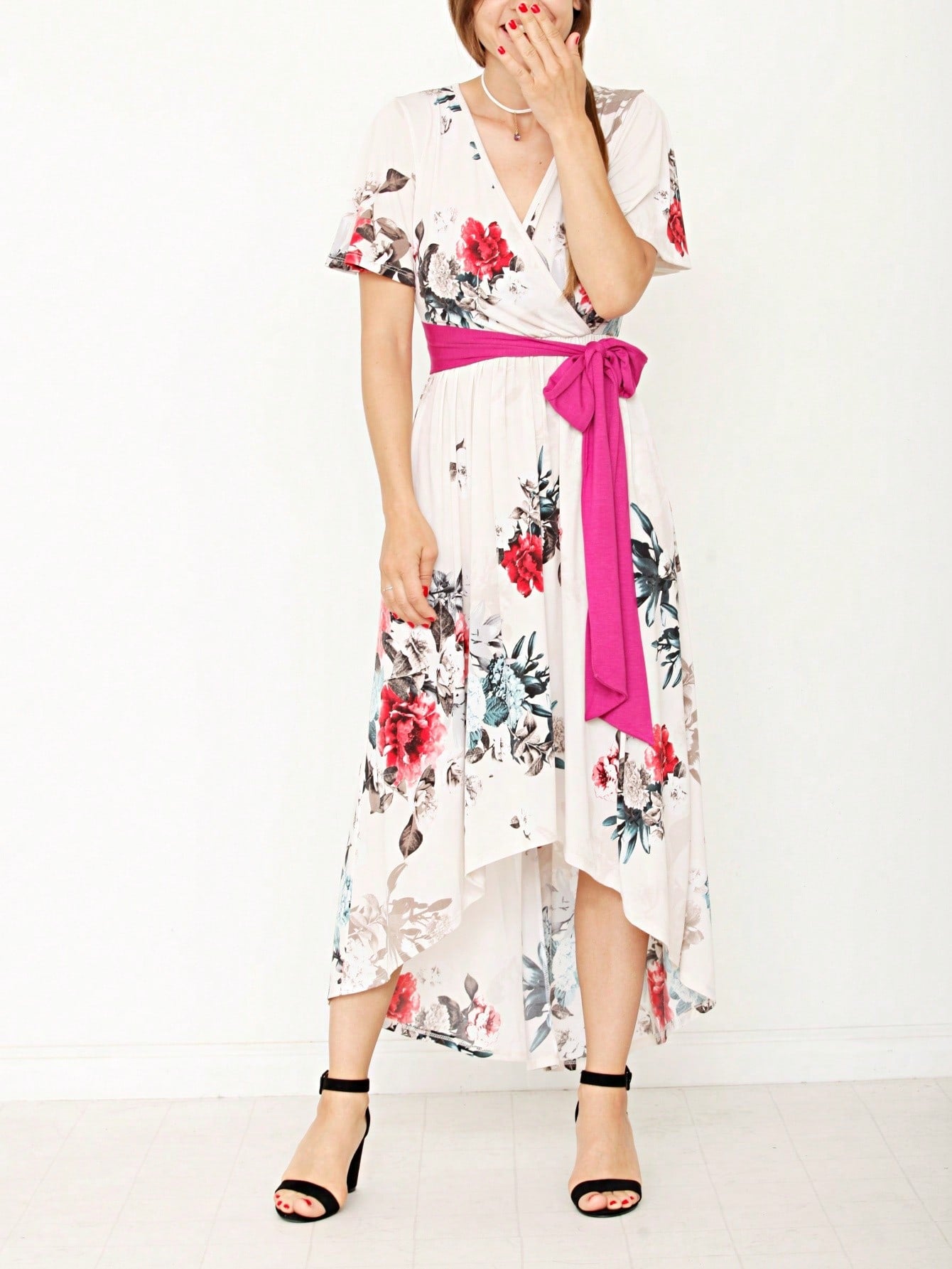 Contrast Surplice Ditsy Floral Midi Dress With Sash | 2 Colors | S-3X