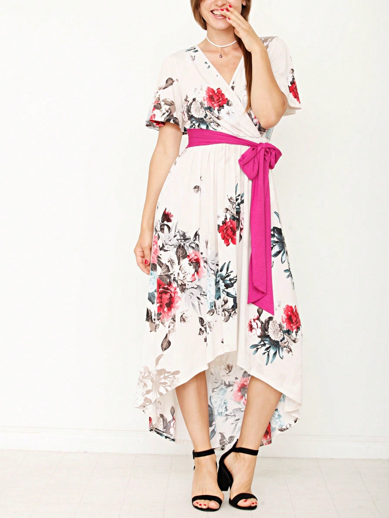Contrast Surplice Ditsy Floral Midi Dress With Sash | 2 Colors | S-3X