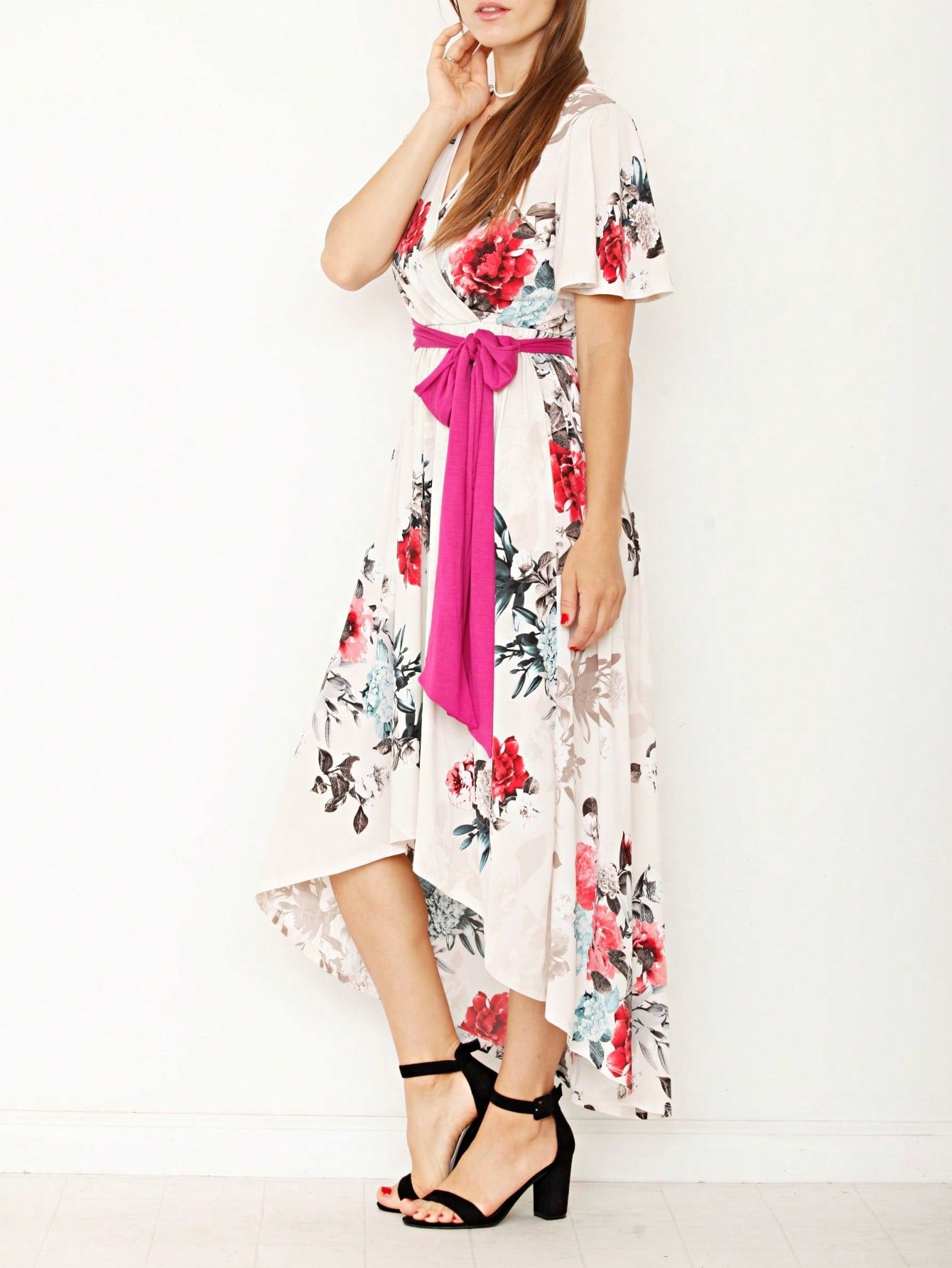 Contrast Surplice Ditsy Floral Midi Dress With Sash | 2 Colors | S-3X