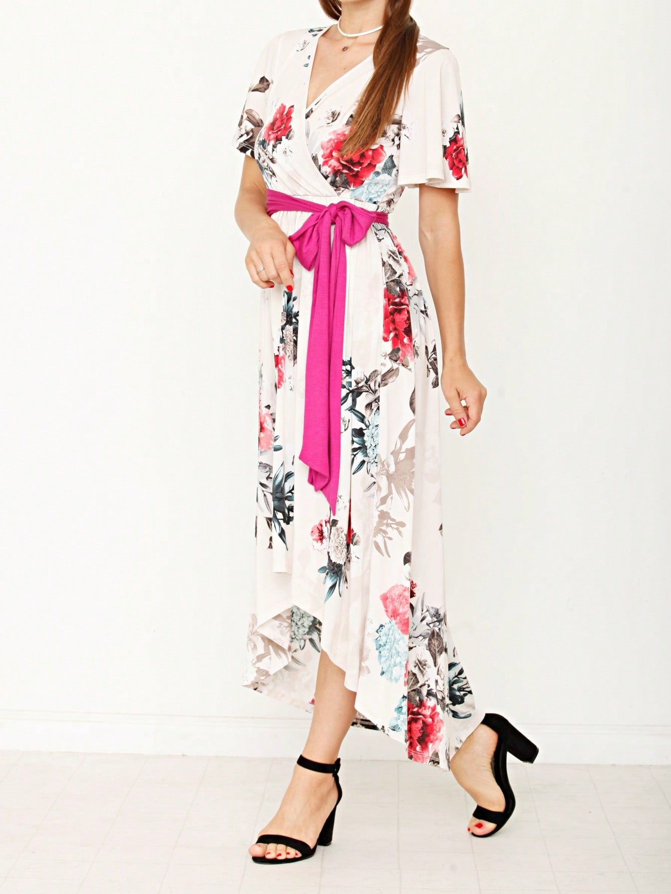Contrast Surplice Ditsy Floral Midi Dress With Sash | 2 Colors | S-3X