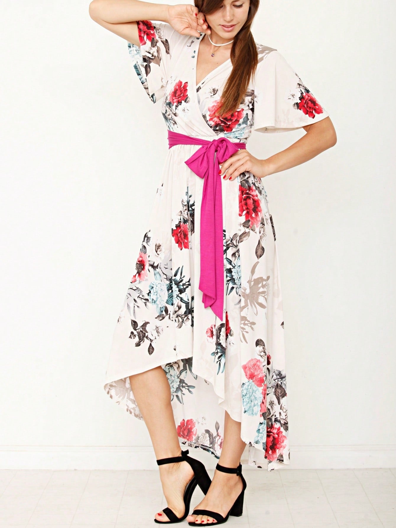 Contrast Surplice Ditsy Floral Midi Dress With Sash | 2 Colors | S-3X