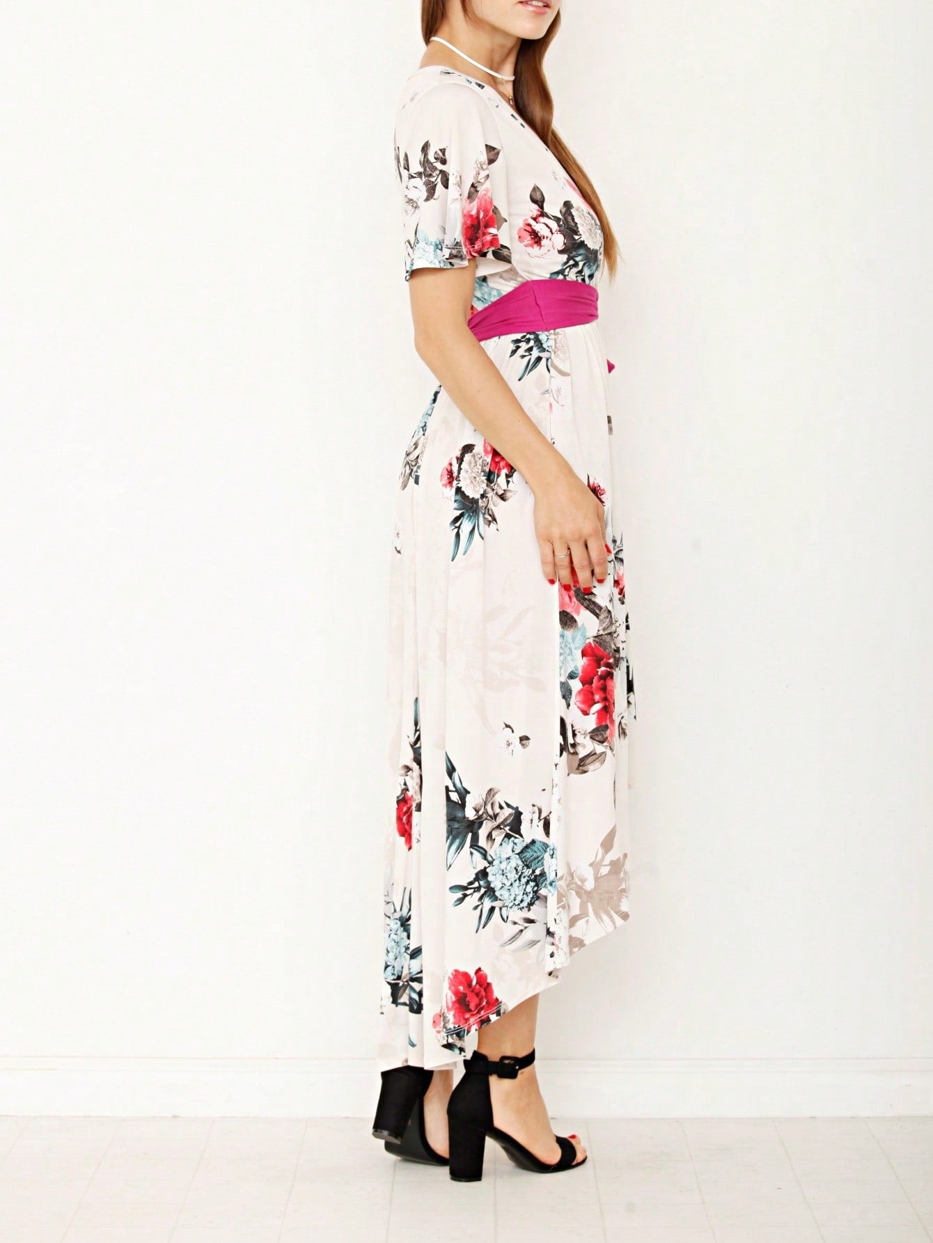 Contrast Surplice Ditsy Floral Midi Dress With Sash | 2 Colors | S-3X