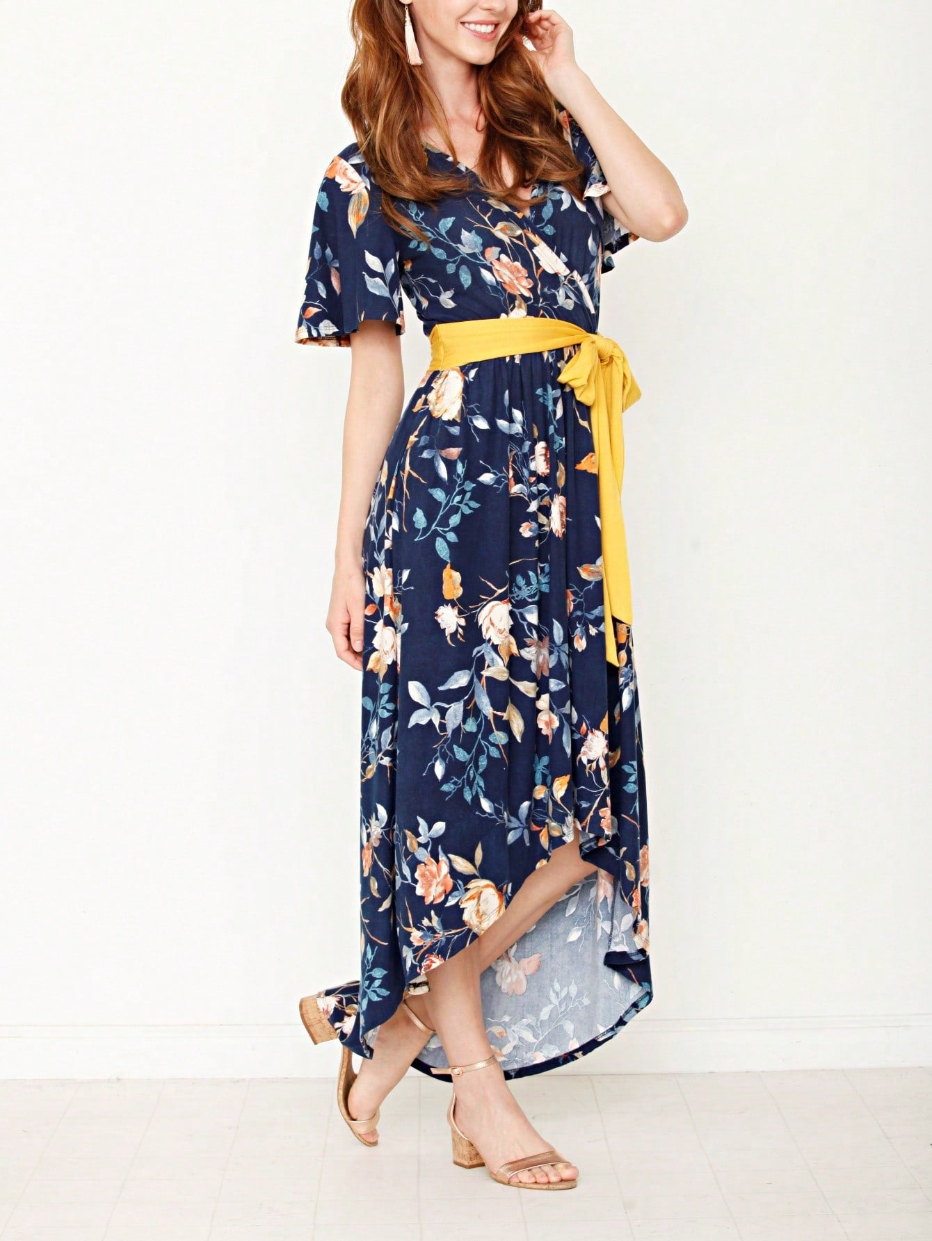 Contrast Surplice Ditsy Floral Midi Dress With Sash | 2 Colors | S-3X